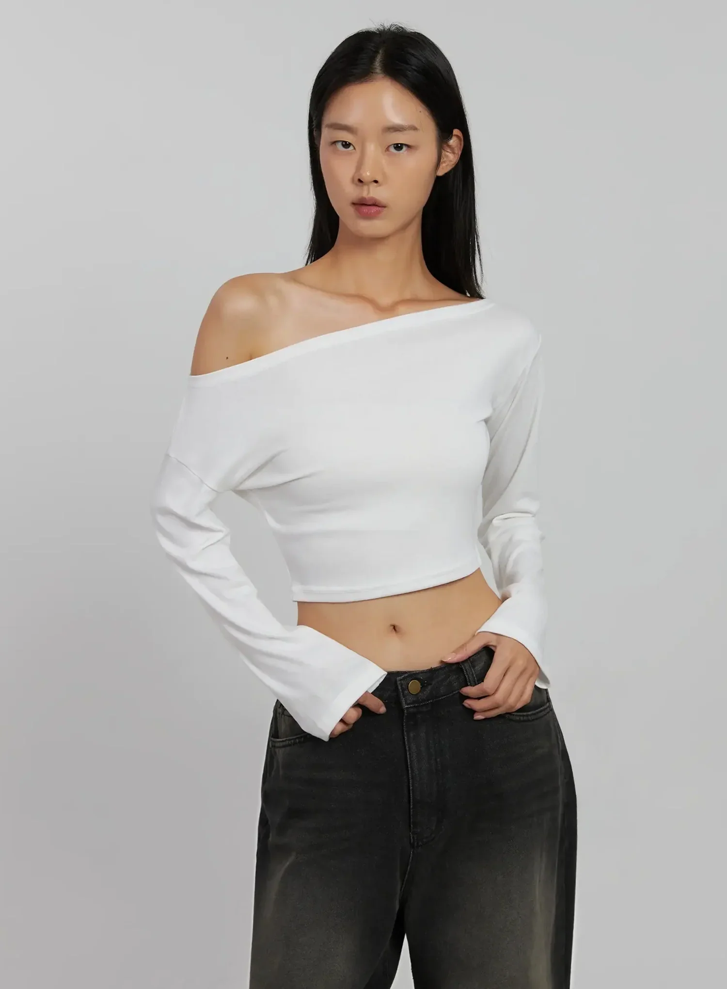 Off-Shoulder Crop Long Sleeve Top IJ509 - Image 2