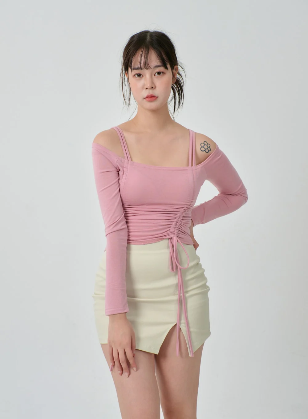 Off-Shoulder Double Front Tie Ruched Top IJ304 - Image 2