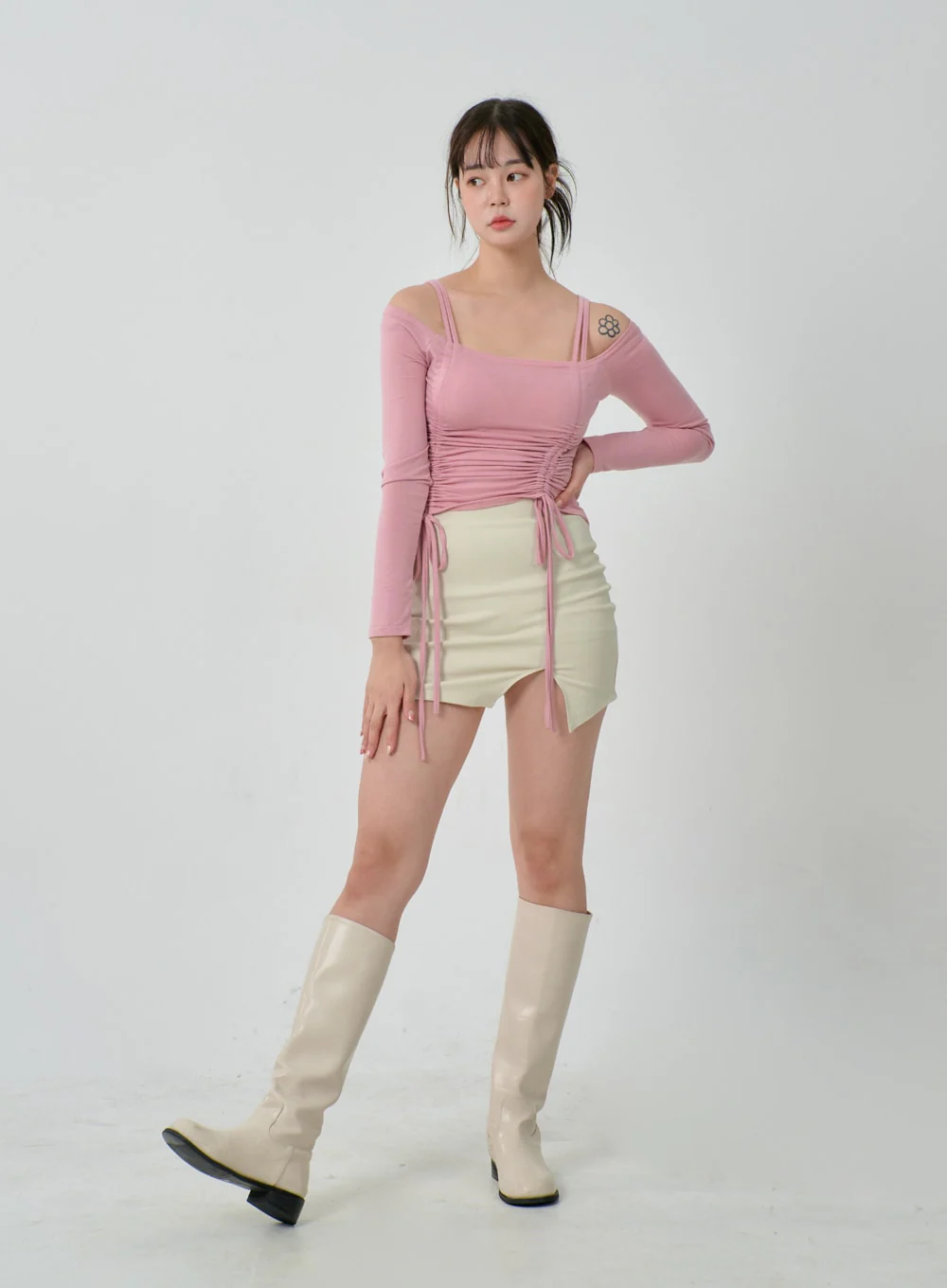 Off-Shoulder Double Front Tie Ruched Top IJ304 - Image 5