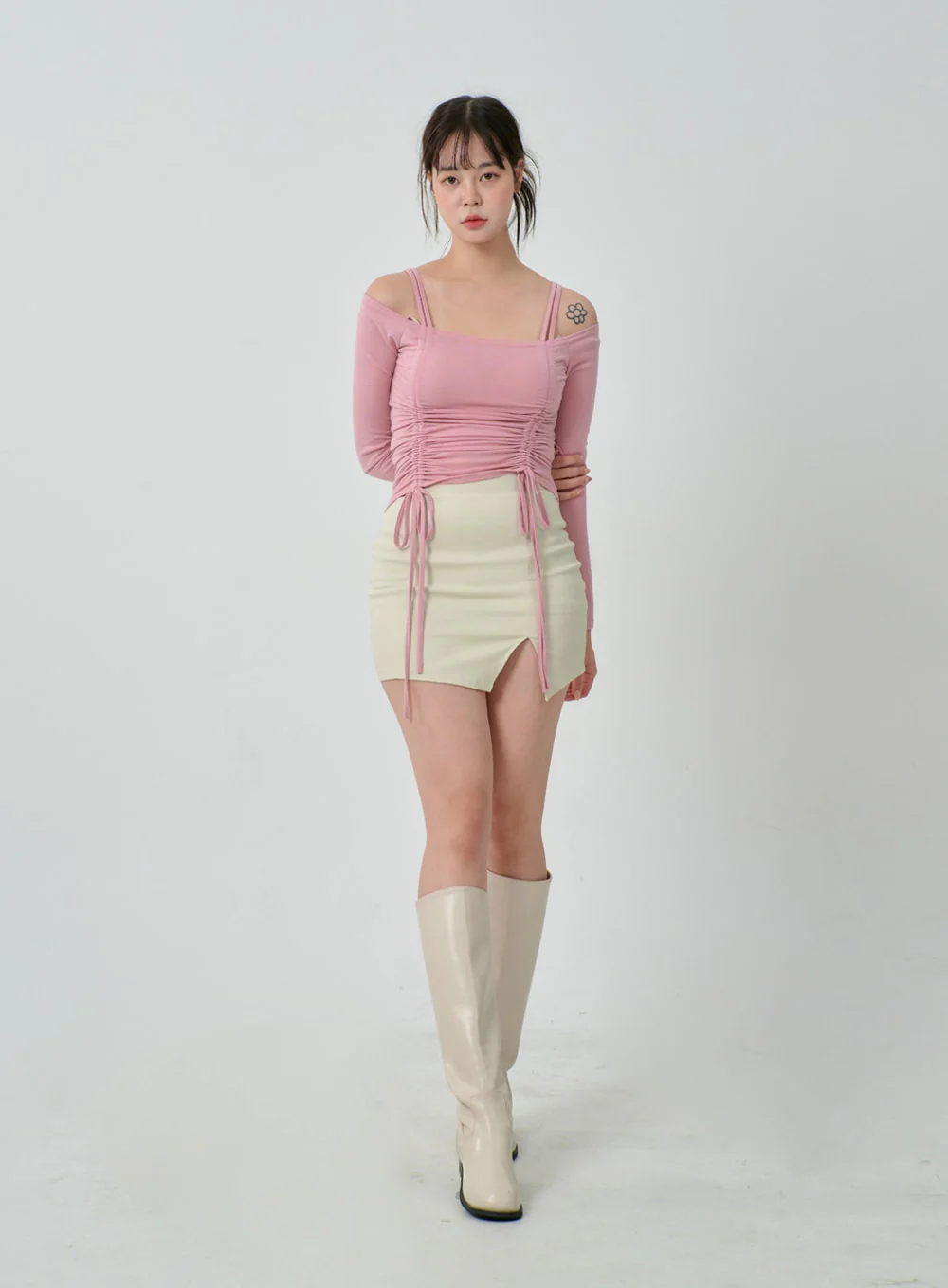 Off-Shoulder Double Front Tie Ruched Top IJ304 - Image 6