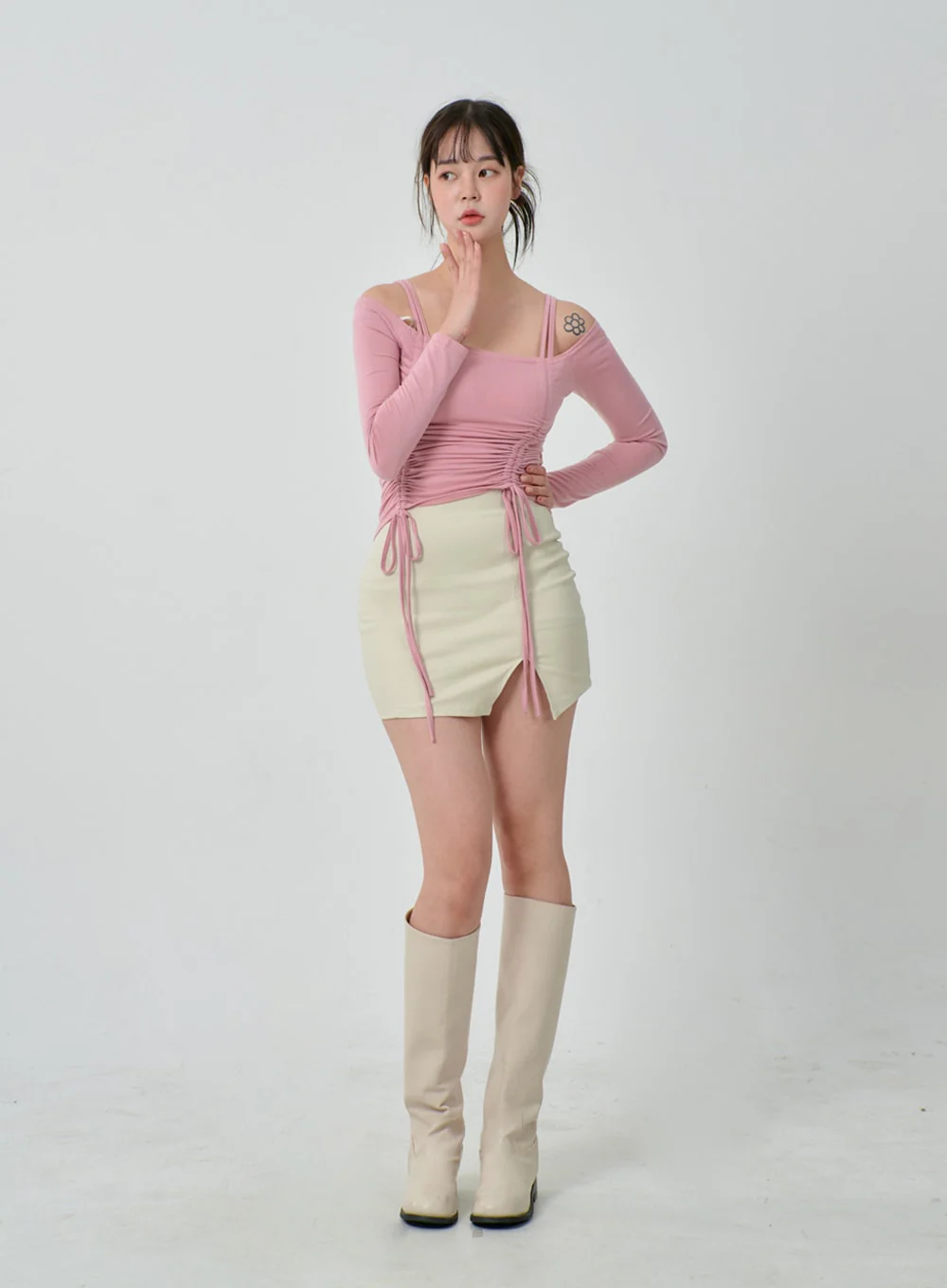 Off-Shoulder Double Front Tie Ruched Top IJ304 - Image 7