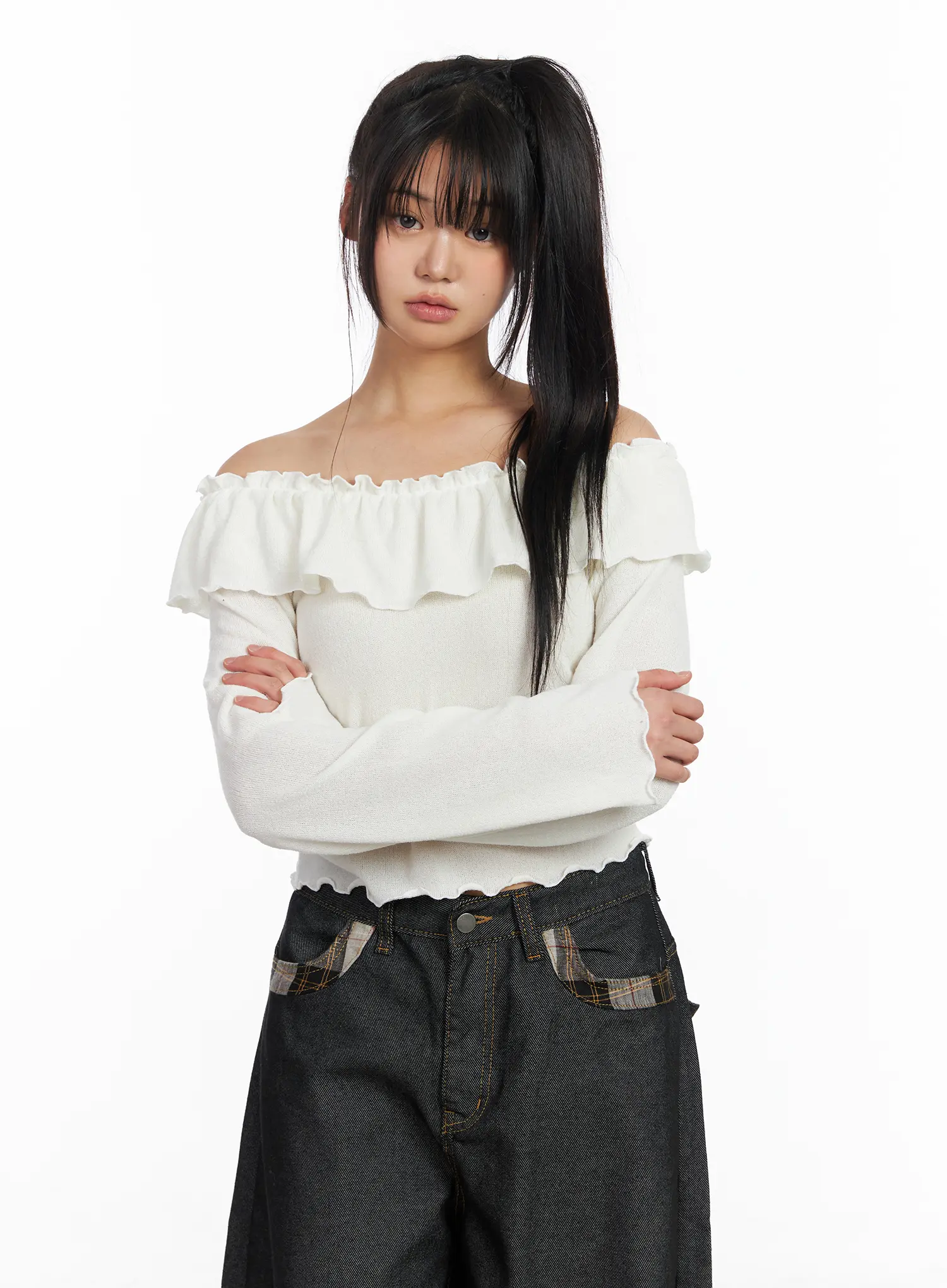 Off-Shoulder Frill Long Sleeve Top CF506 - Image 6