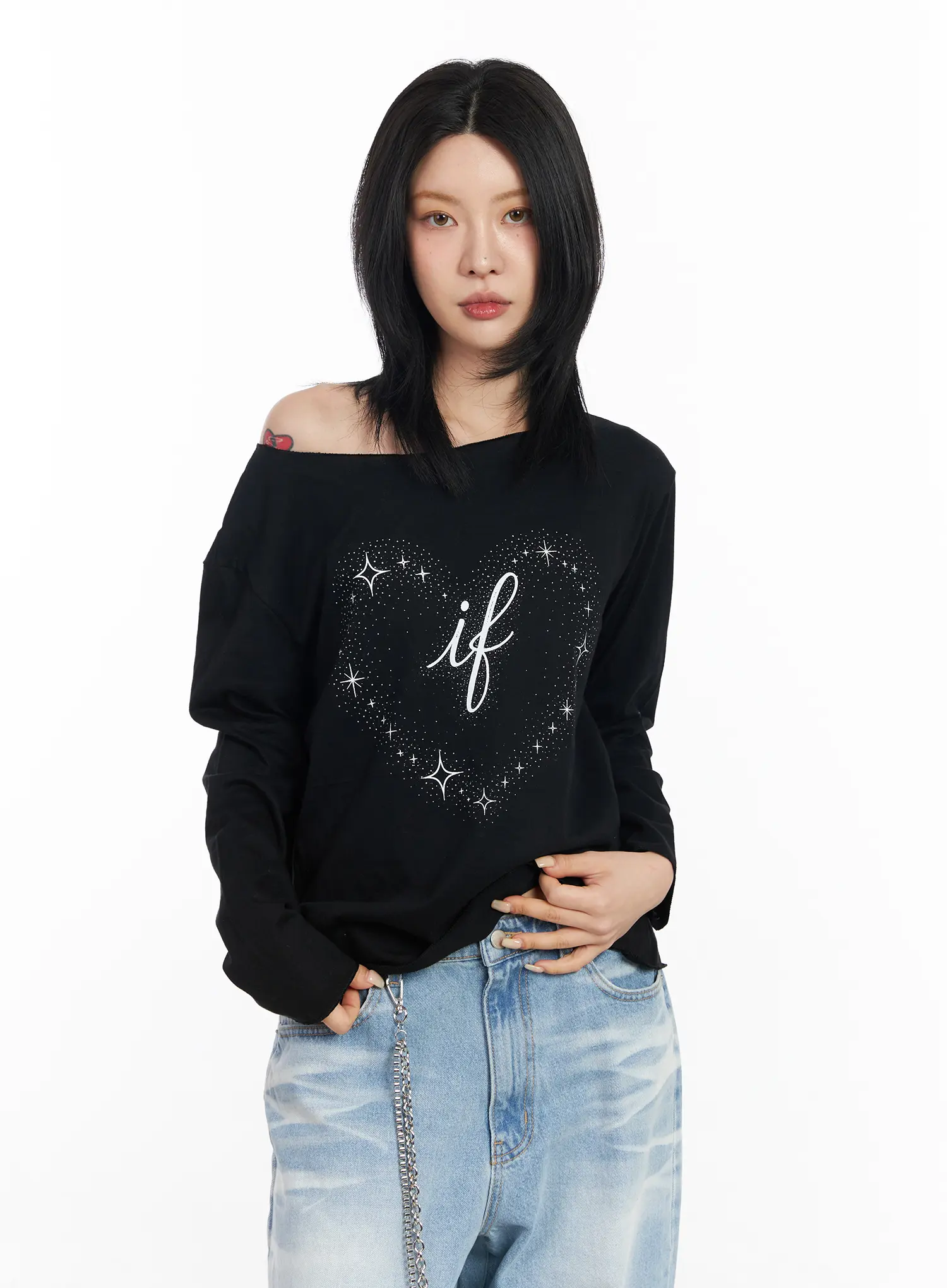 Off-Shoulder Graphic Long Sleeve Top CF526 - Image 2