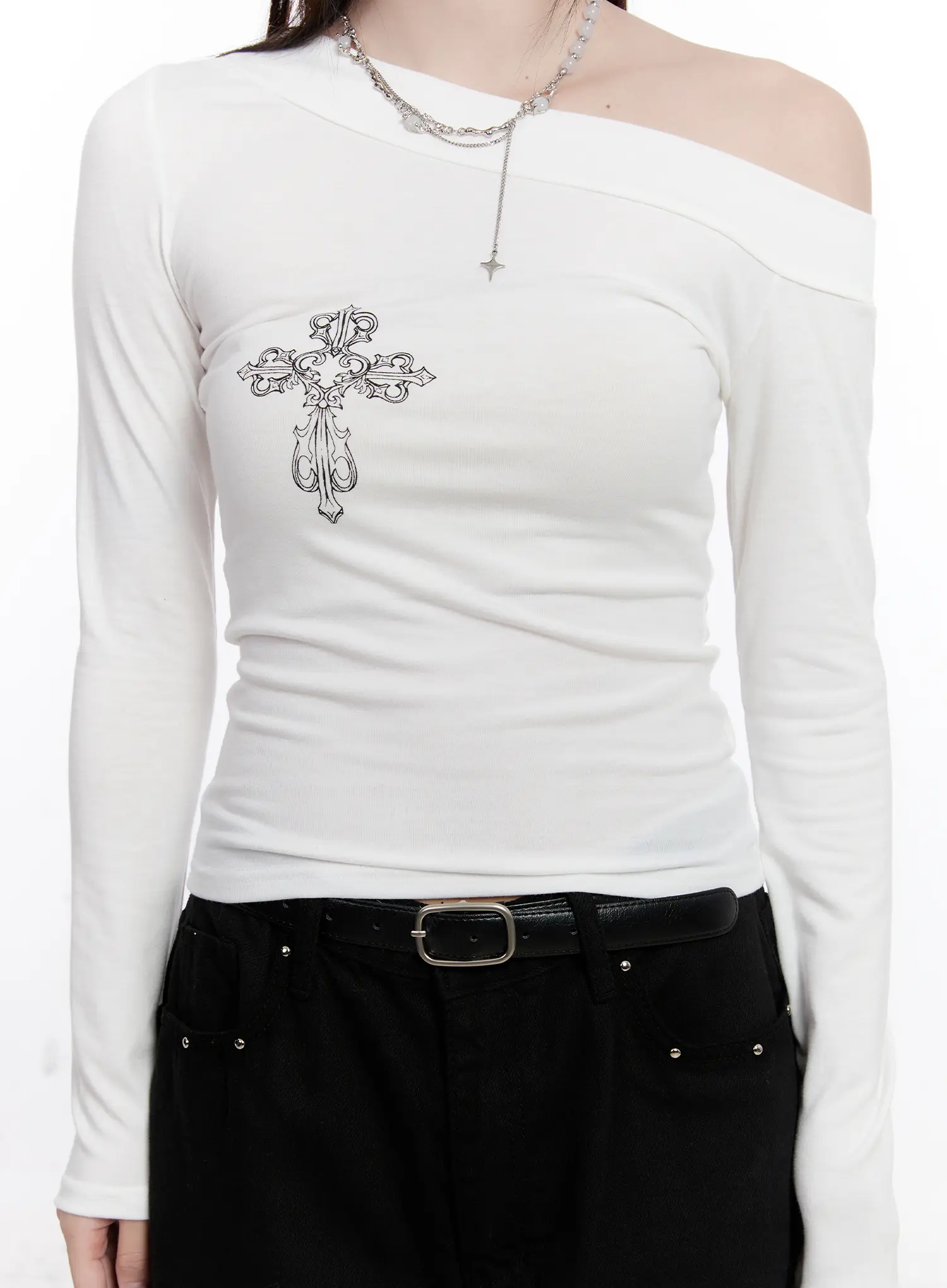 Off-Shoulder Graphic Long Sleeve Top CS530 - Image 3