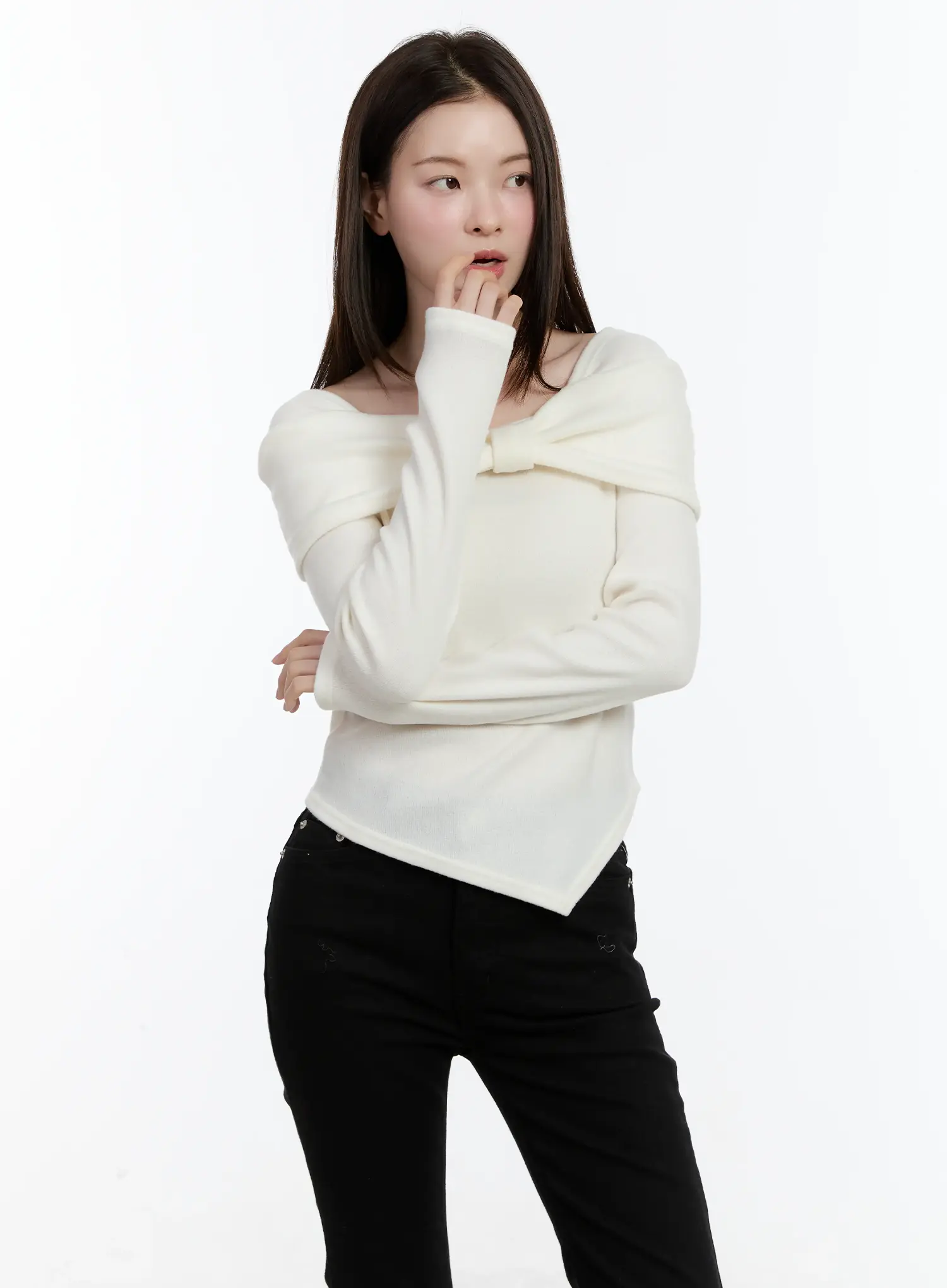 Off-Shoulder Knit Ribbon Top ID510