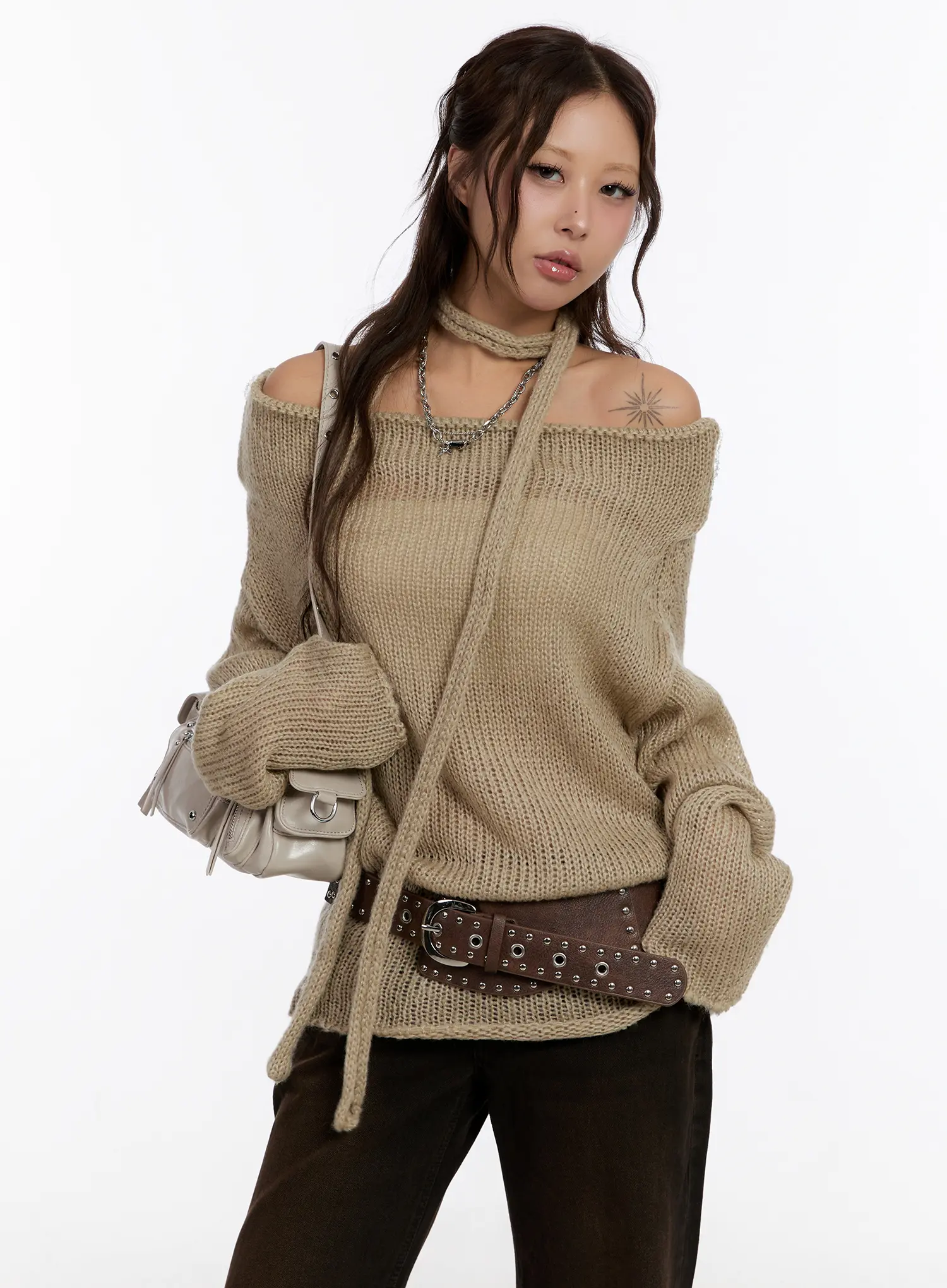 Off Shoulder Knit Sweater With Scarf CN527