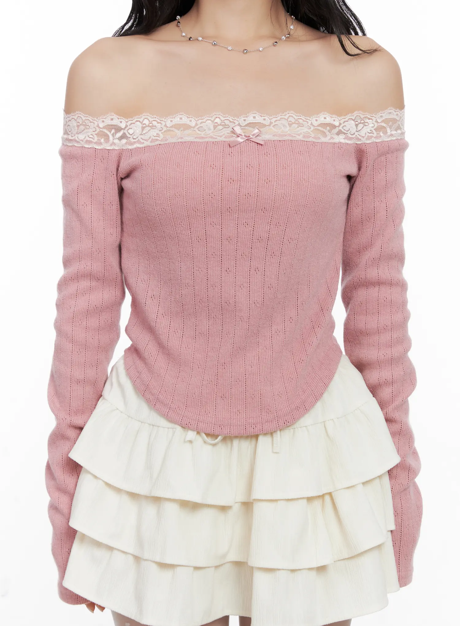 Off-Shoulder Lace Long Sleeve Top CN514 - Image 3