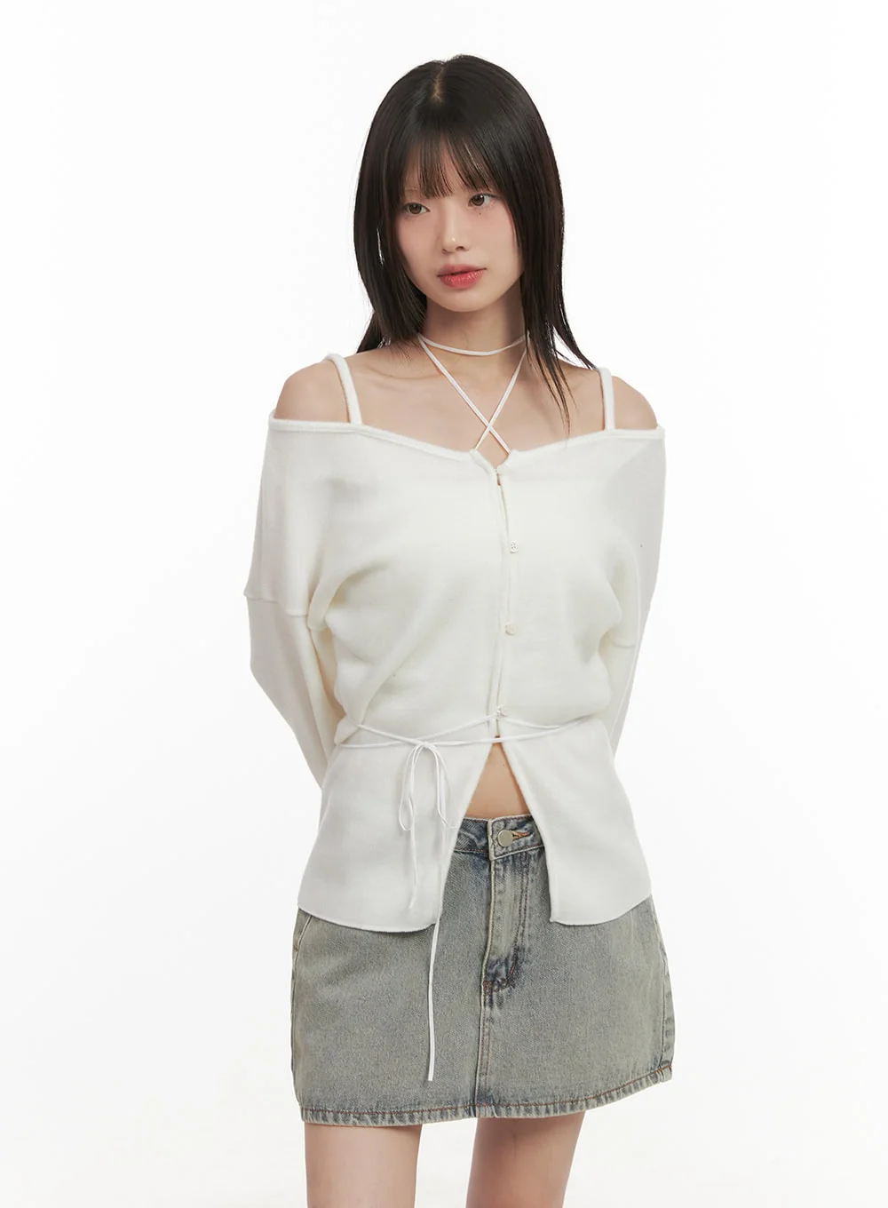 Off-Shoulder Loose-Fit Buttoned Cardigan CD426 - Image 10