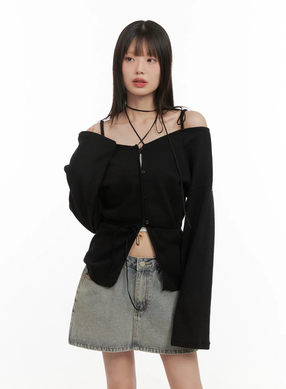 Off-Shoulder Loose-Fit Buttoned Cardigan CD426 - Image 11