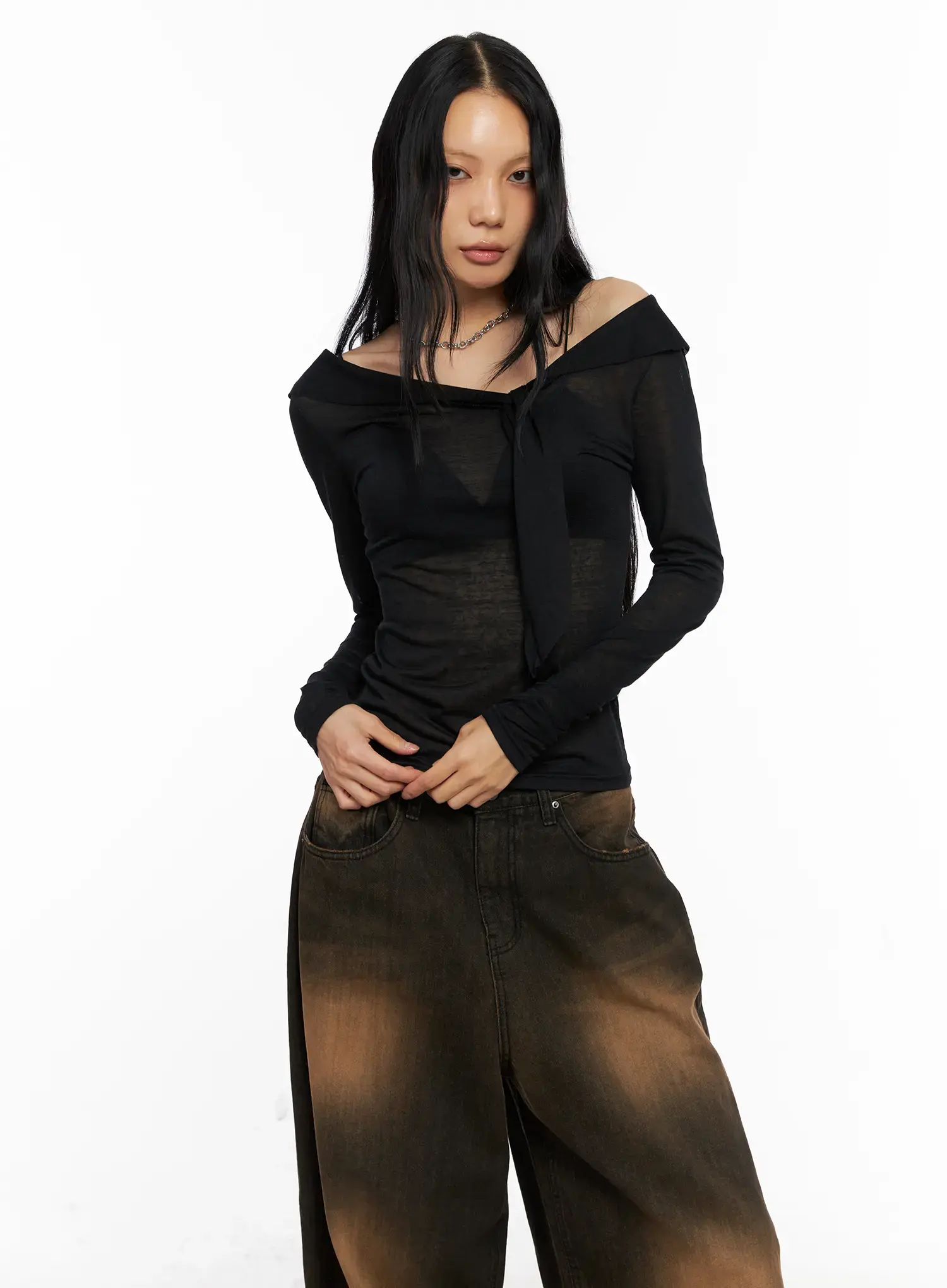 Off-Shoulder Sheer Long Sleeve Top CO529 - Image 3