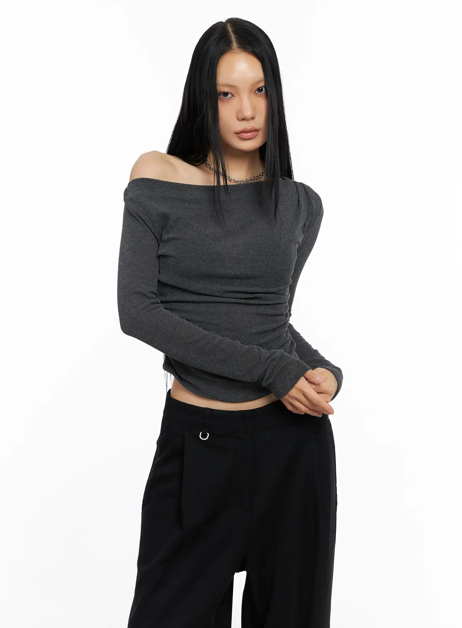 Off-Shoulder Shirred Knit Top CO529 - Image 2