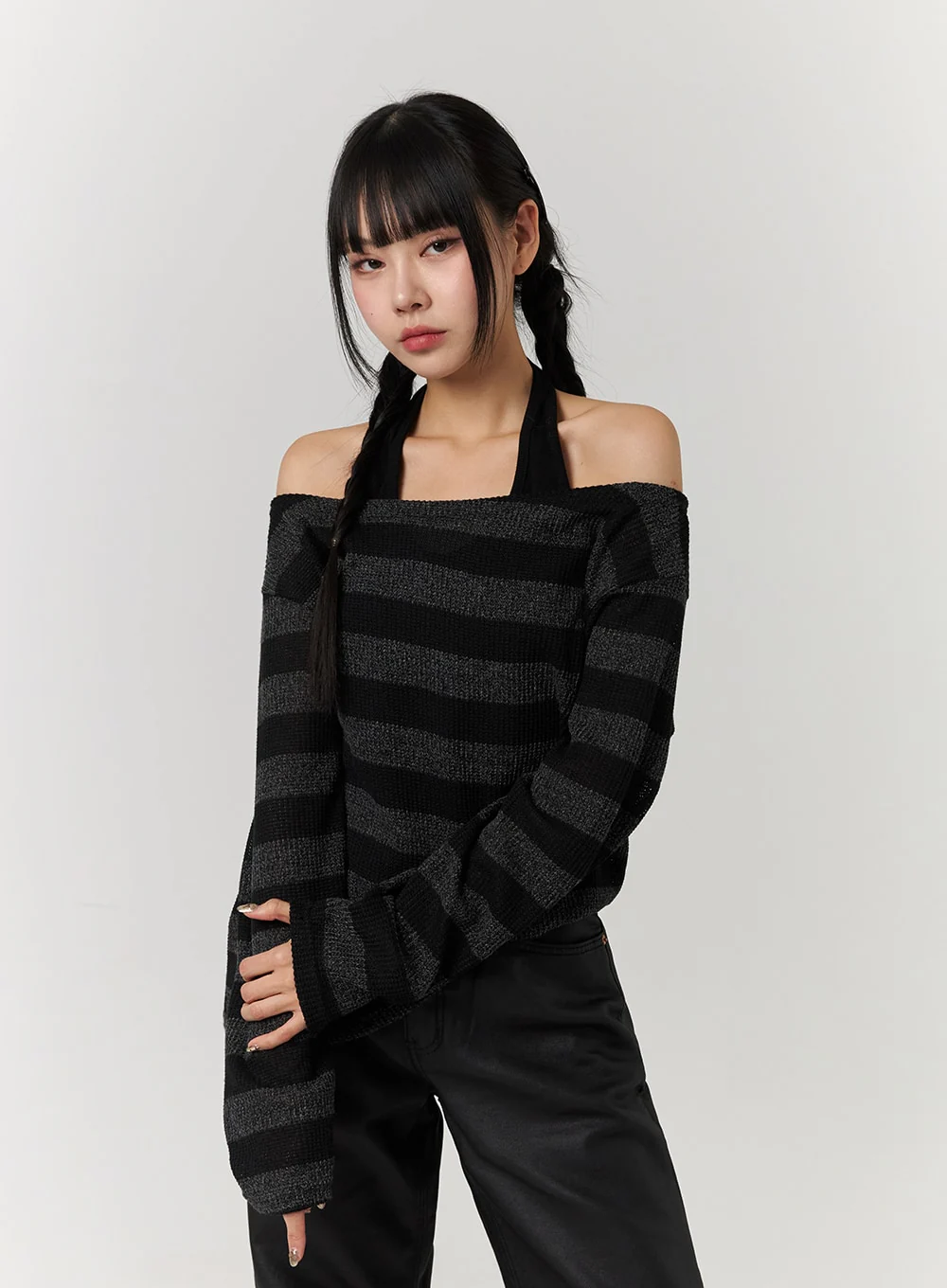 Off-Shoulder Stripe Long Sleeve Top CJ405 - Image 4