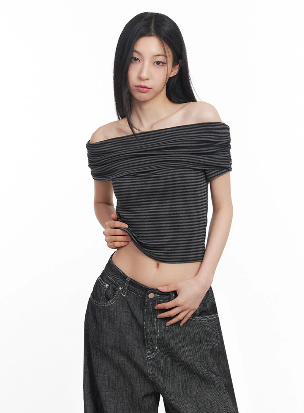 Off-Shoulder Striped Tee IY516 - Image 7