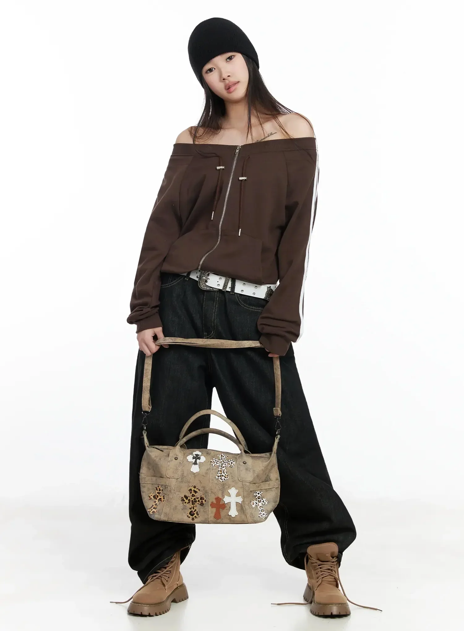 Off-Shoulder Track Zip-Up Sweatshirt IM506