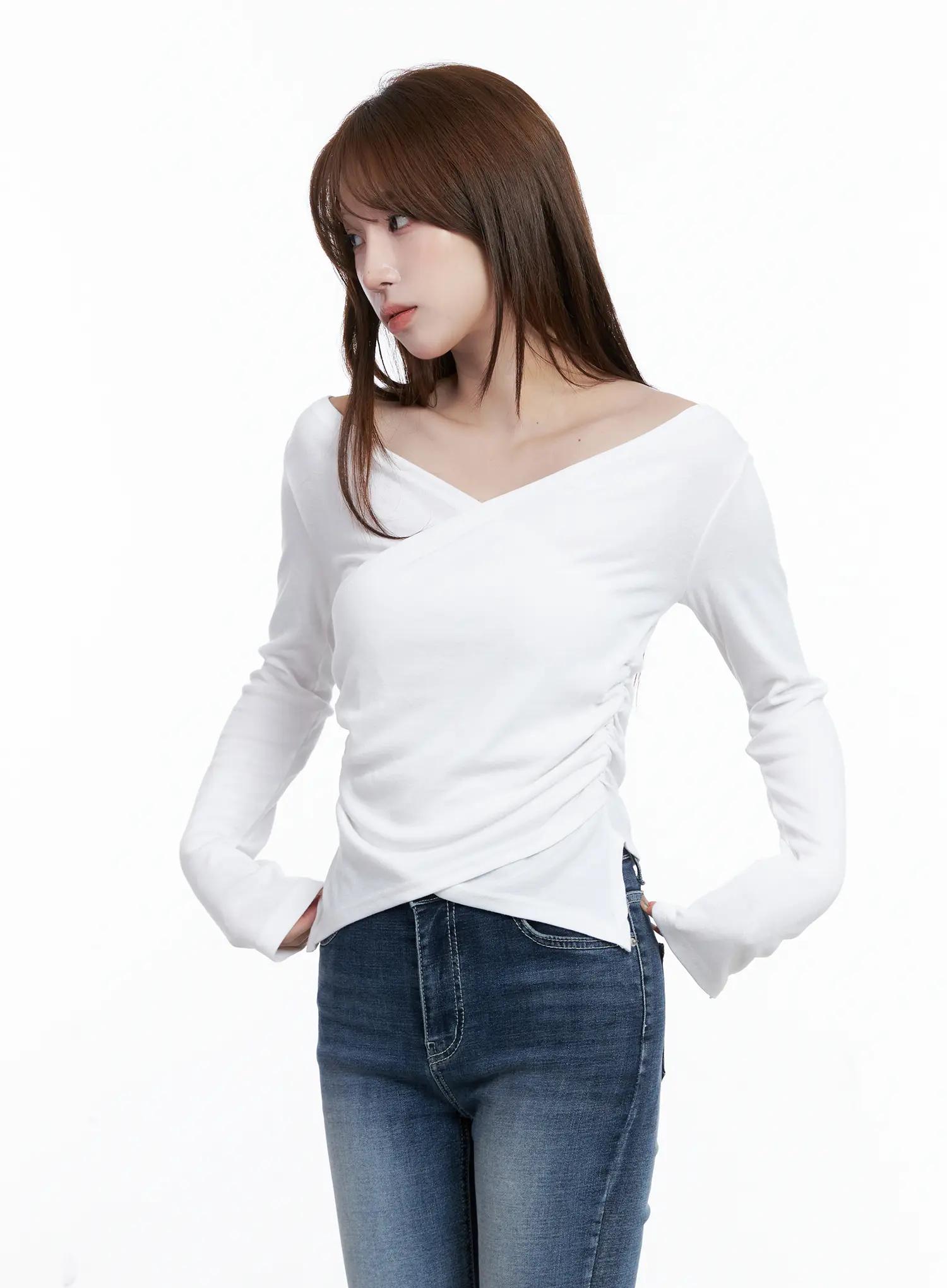 Off-Shoulder V-Neck Long Sleeve Top CG529 - Image 5