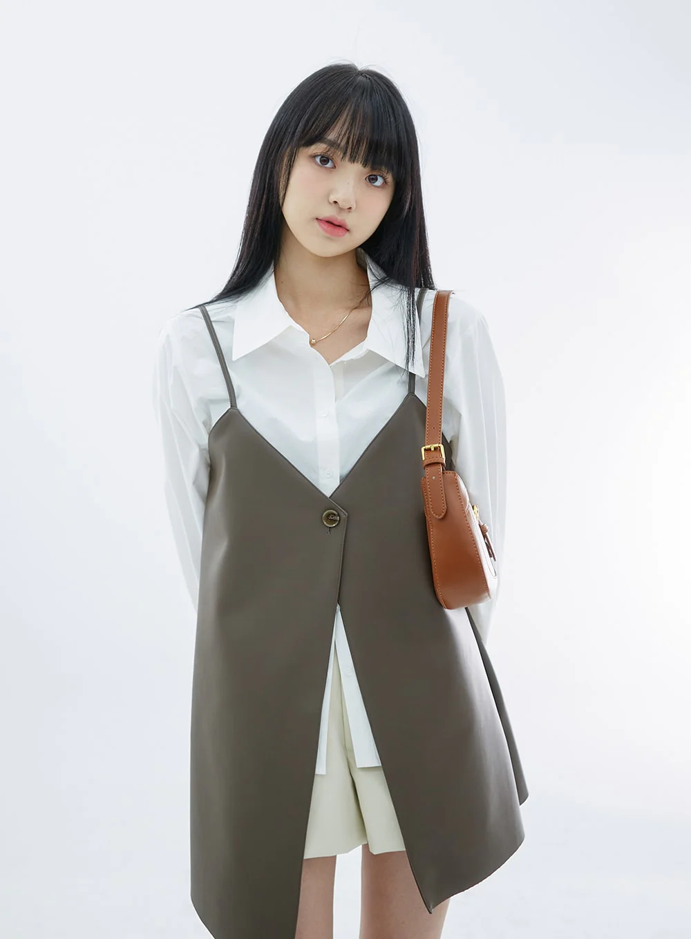 One Button Faux Leather Mini Dress OS29