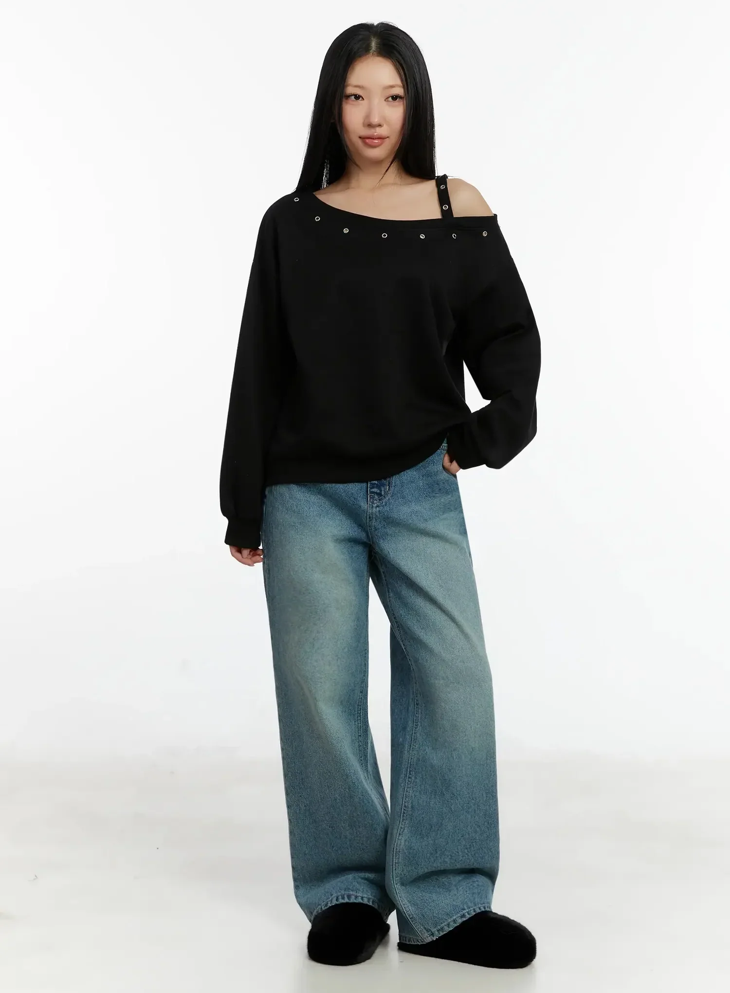 One-Shoulder Eyelet Sweatshirt ID525 - Image 3