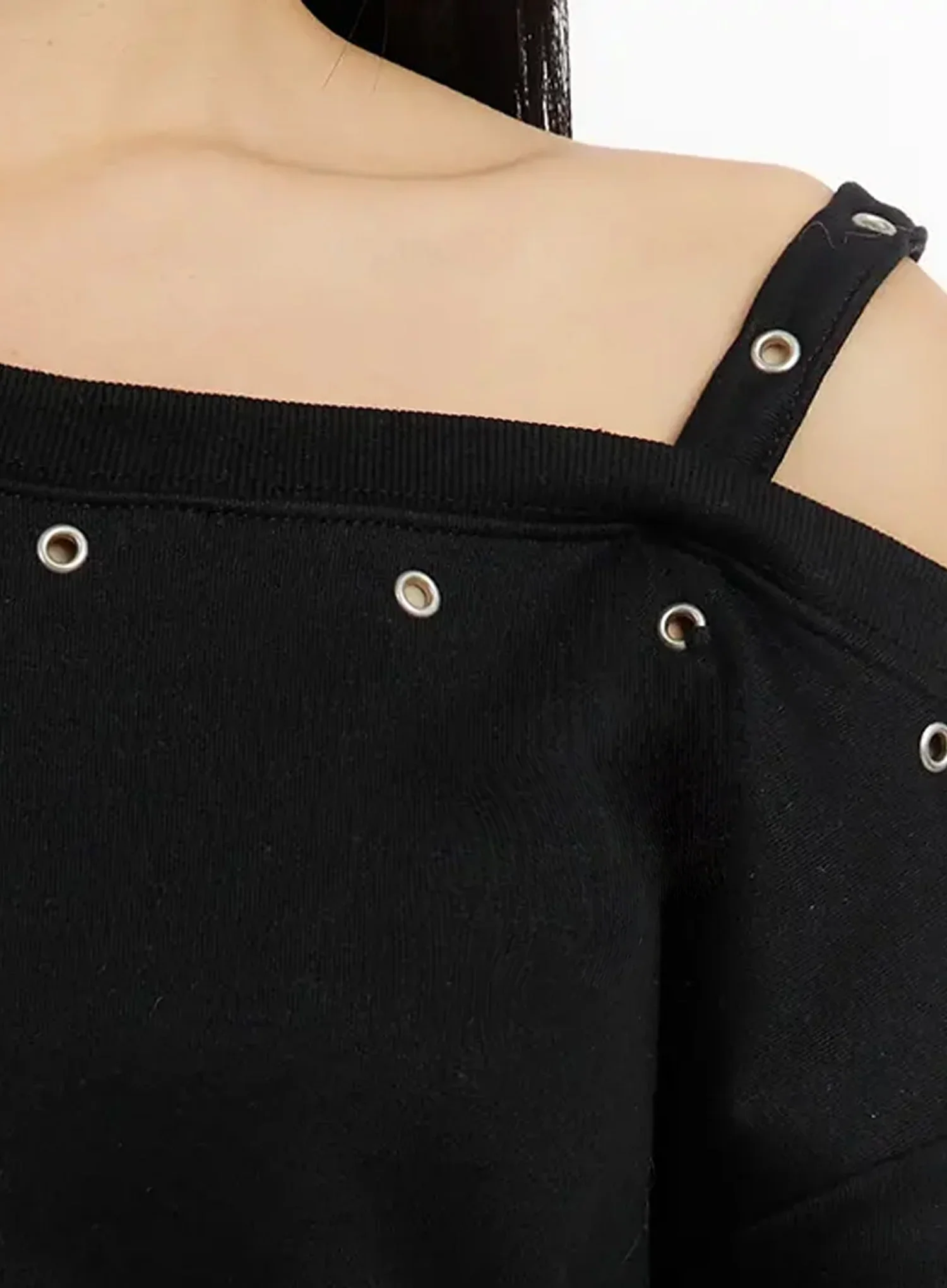 One-Shoulder Eyelet Sweatshirt ID525 - Image 4