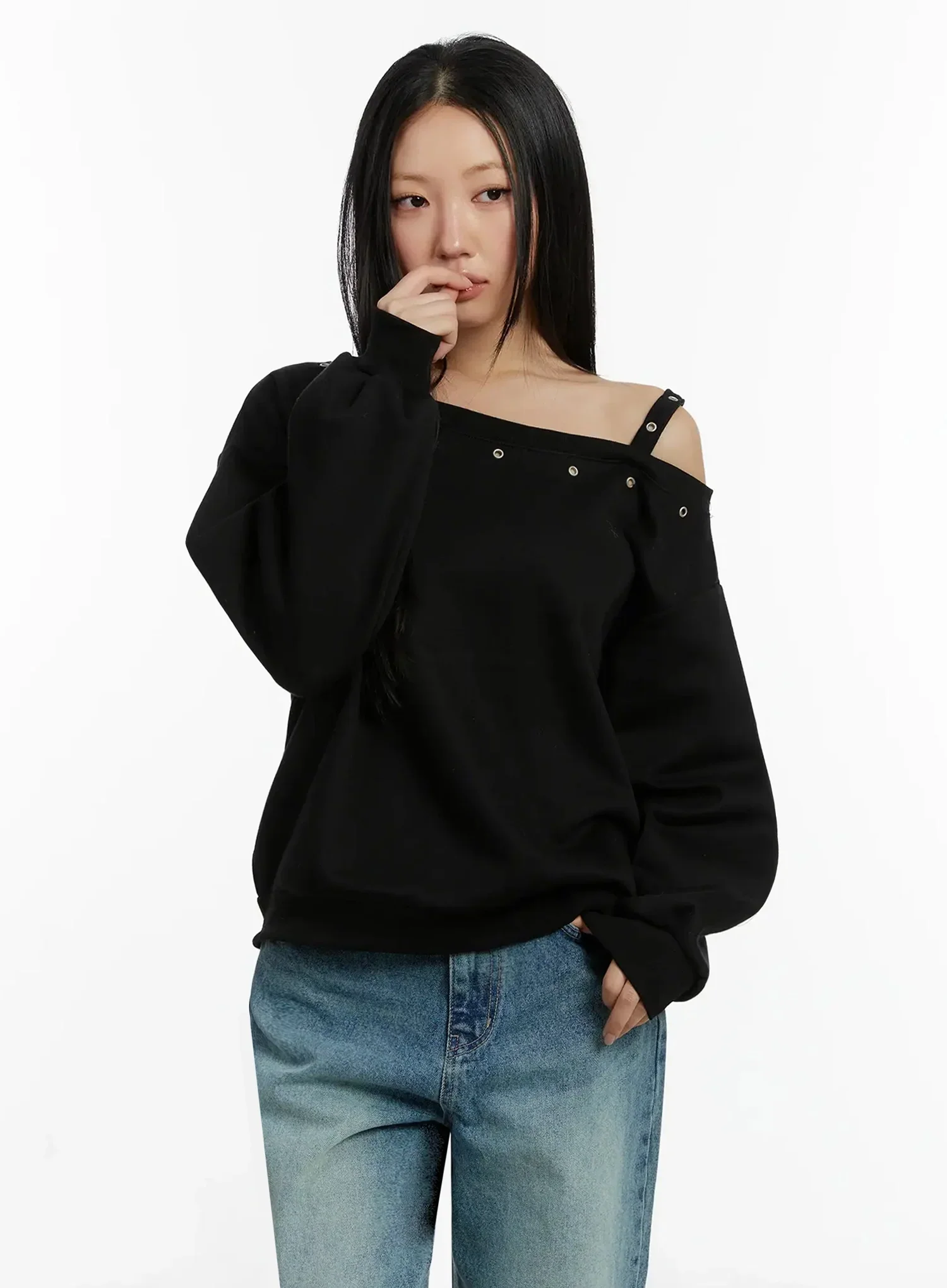 One-Shoulder Eyelet Sweatshirt ID525 - Image 5