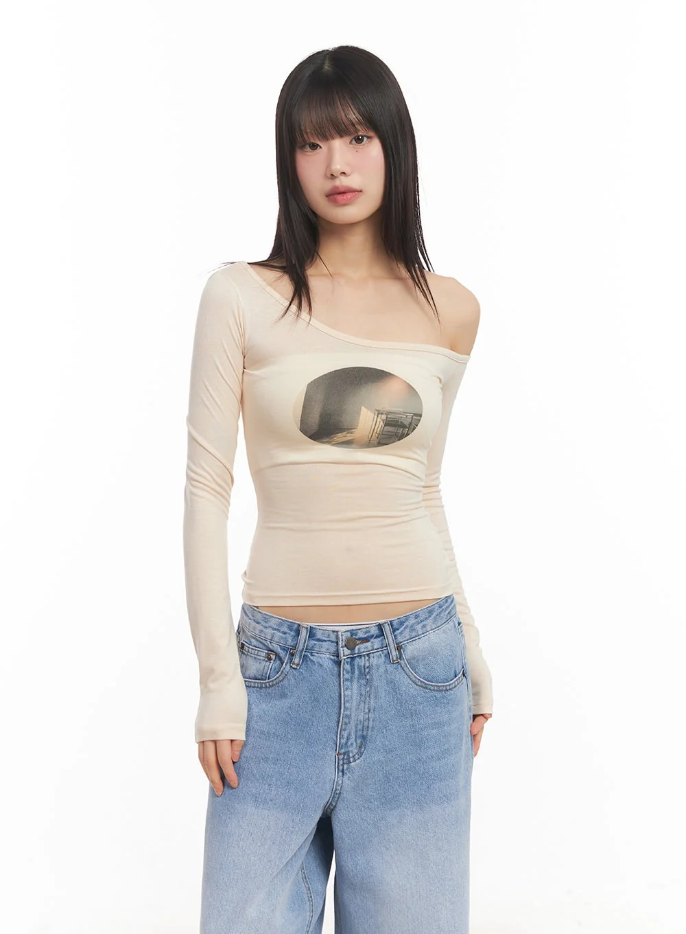 One-Shoulder Graphic Cropped Long Sleeve Top CA523 - Image 12
