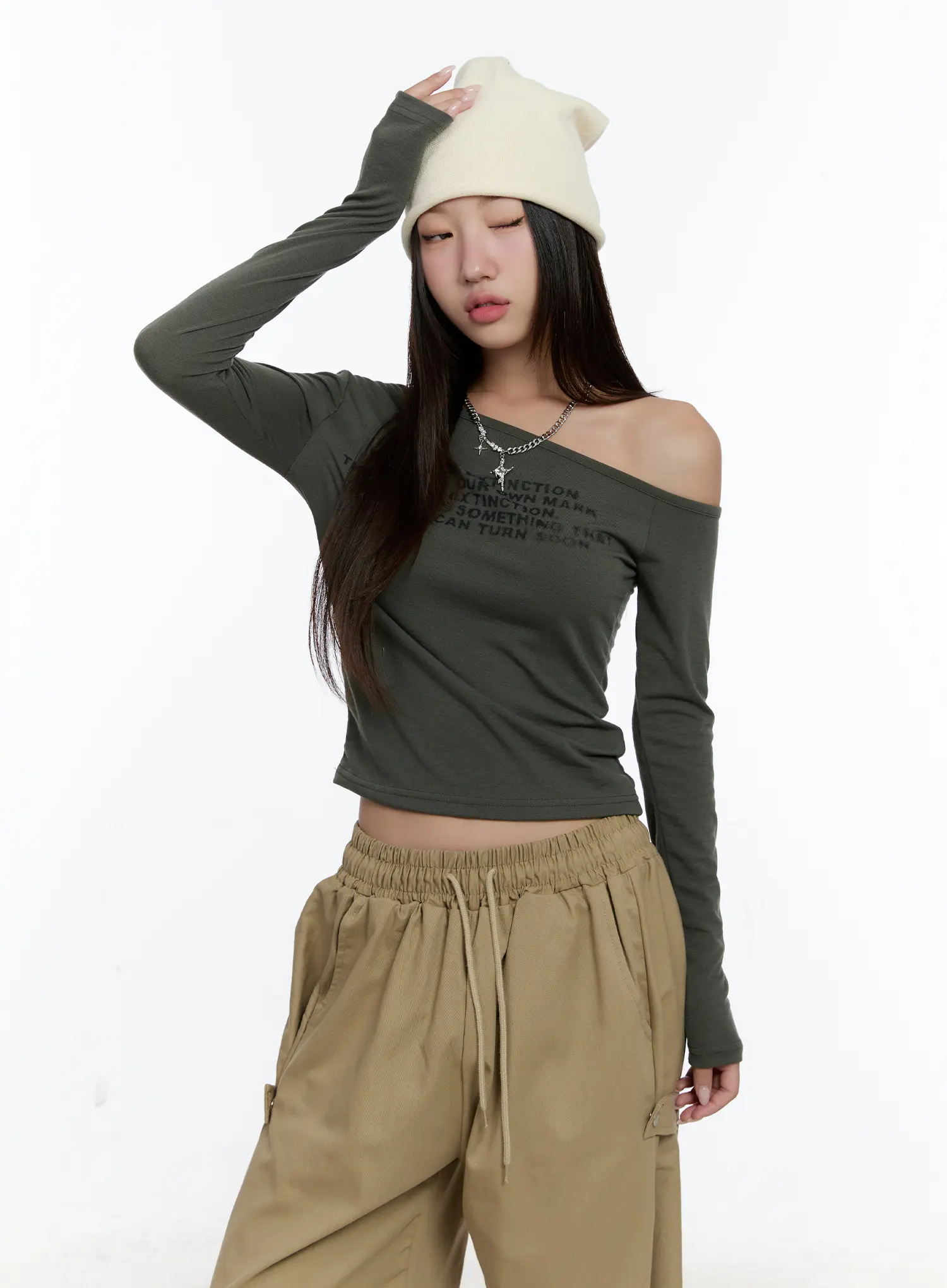 One-shoulder Lettering Long Sleeve CS517 - Image 9