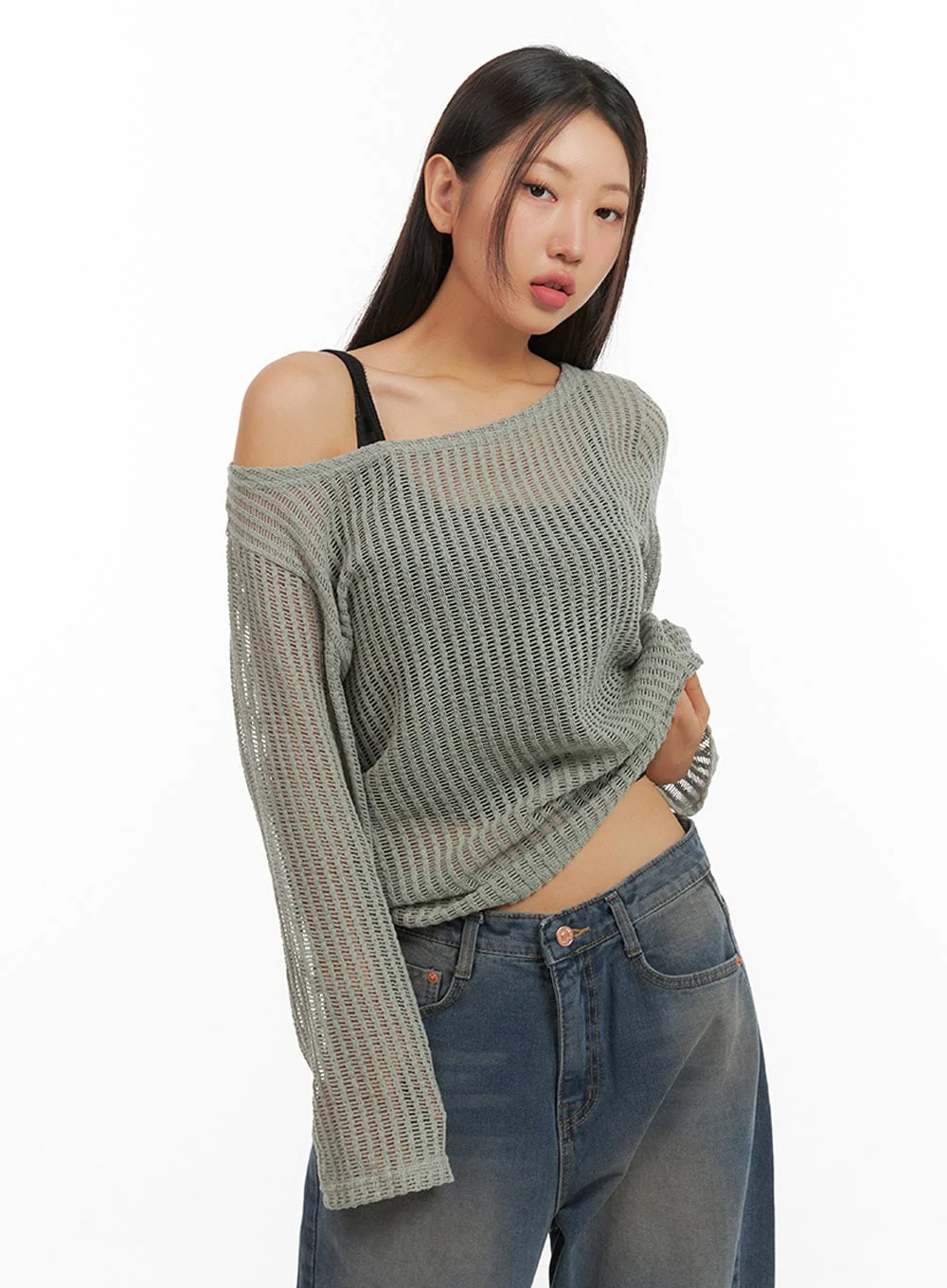 One-Shoulder See-Through Knit Top IS402