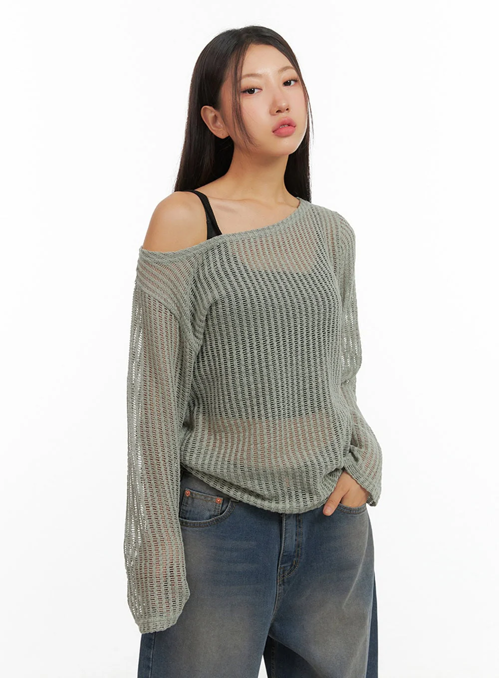 One-Shoulder See-Through Knit Top IS402 - Image 3
