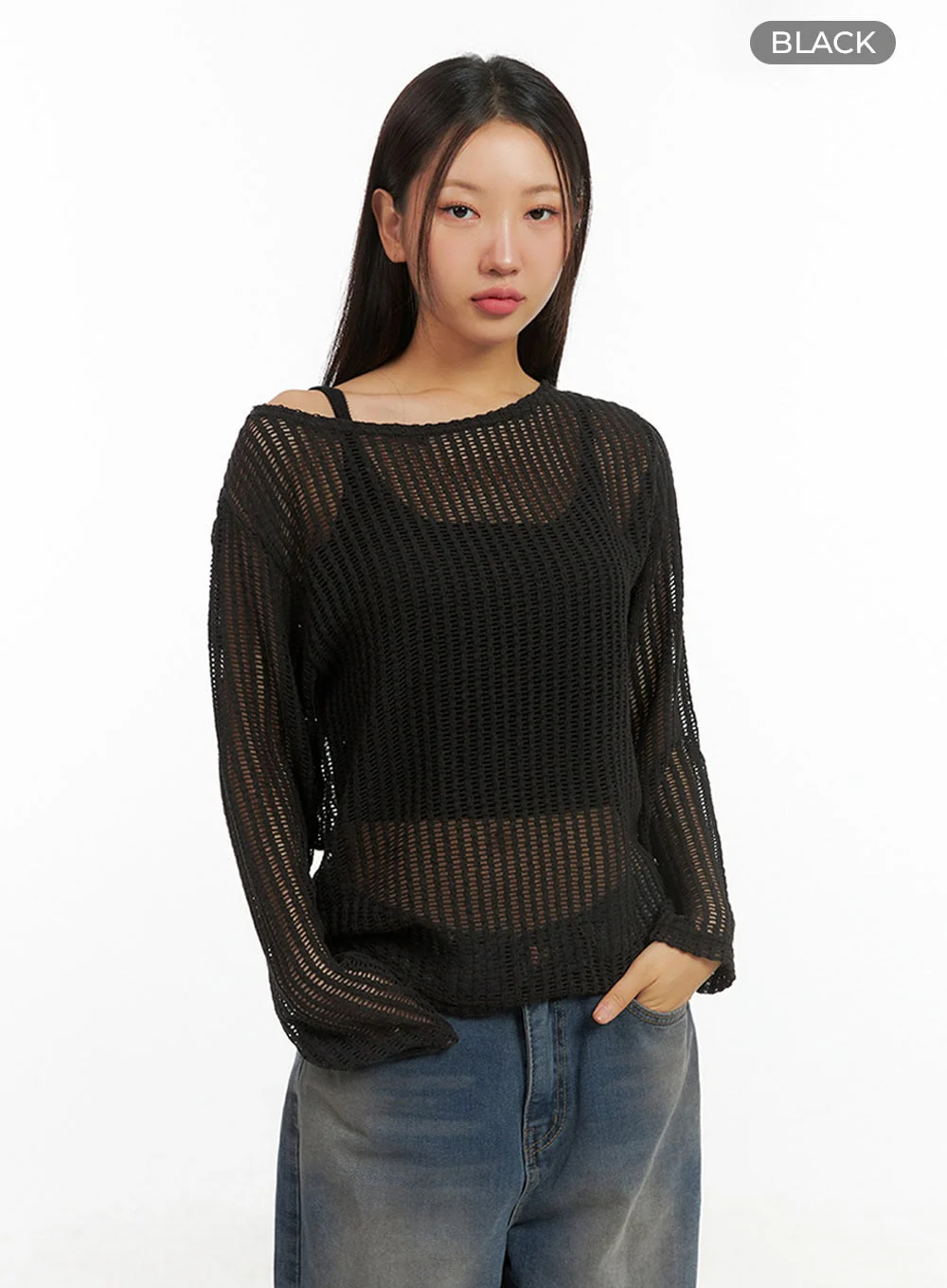 One-Shoulder See-Through Knit Top IS402 - Image 9