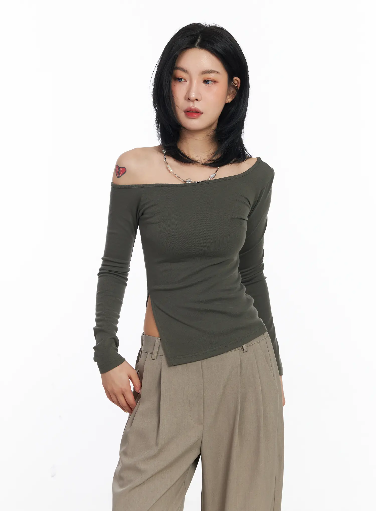 One-Shoulder Side Slit Long Sleeve Top CJ522 - Image 2