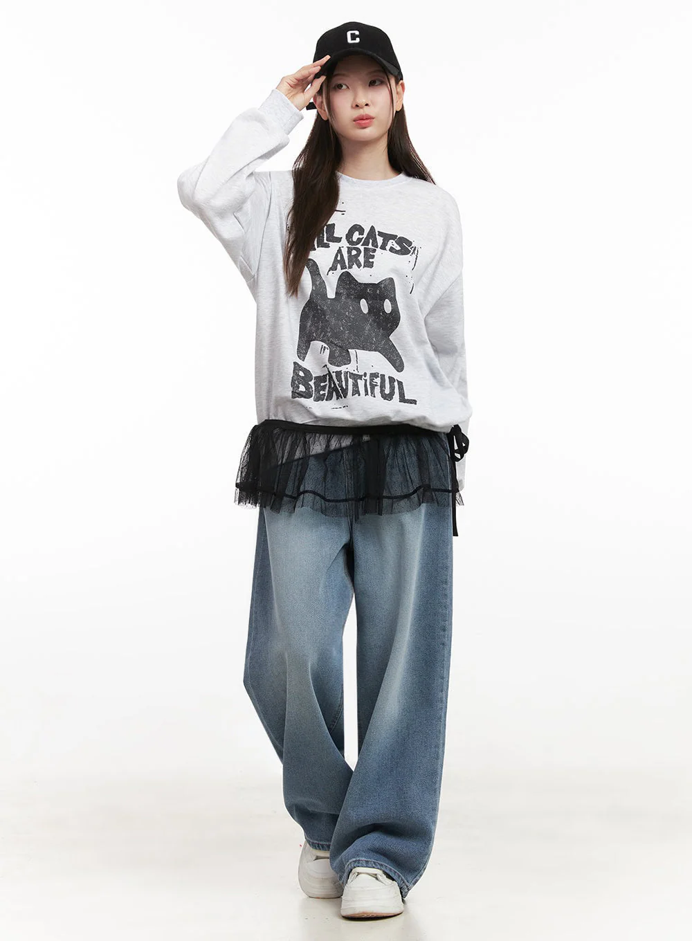 Oversized Cat Graphic Crew Neck IJ527 - Image 2