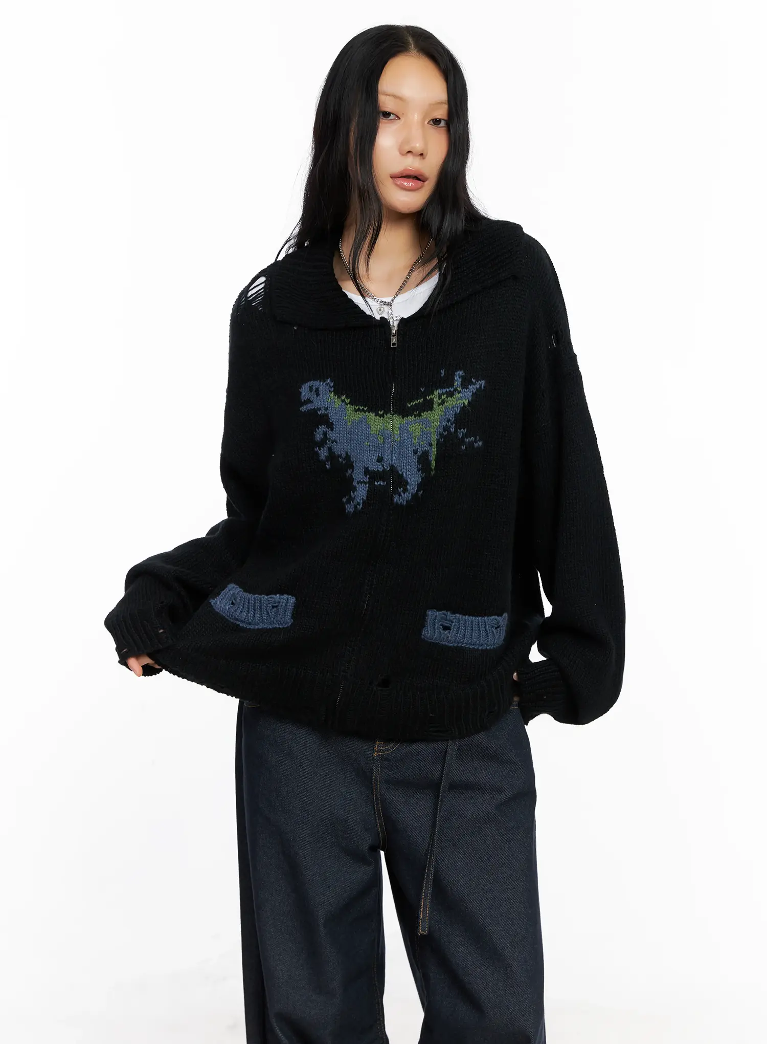 Oversized Distressed Knit Zip-Up CO528 - Image 2