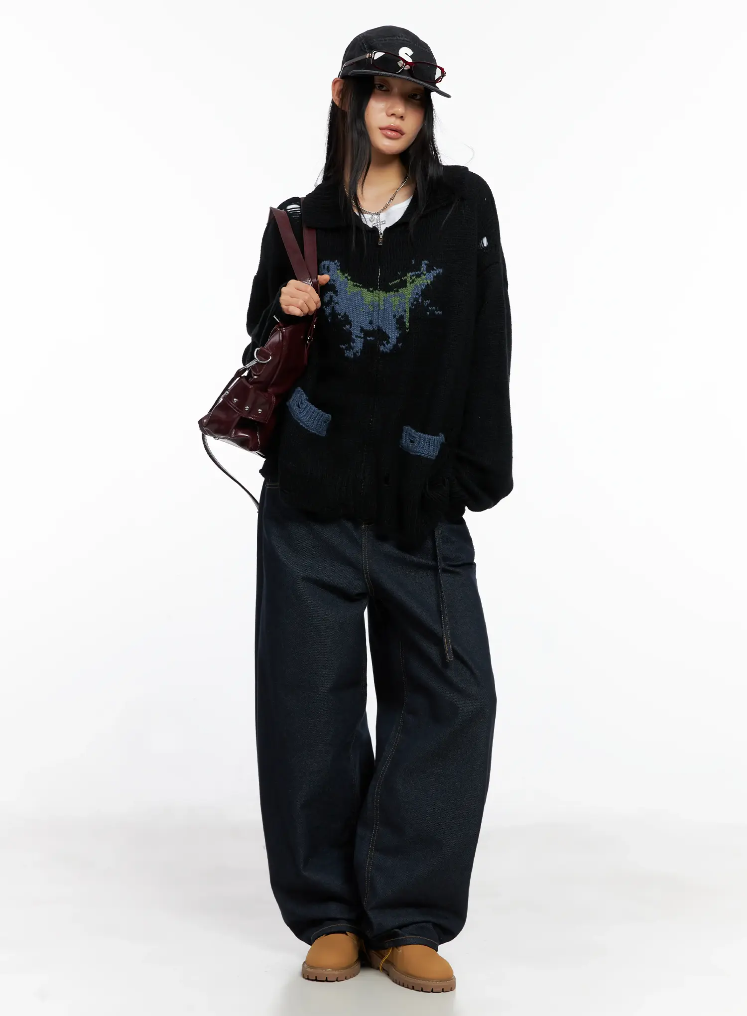 Oversized Distressed Knit Zip-Up CO528 - Image 3