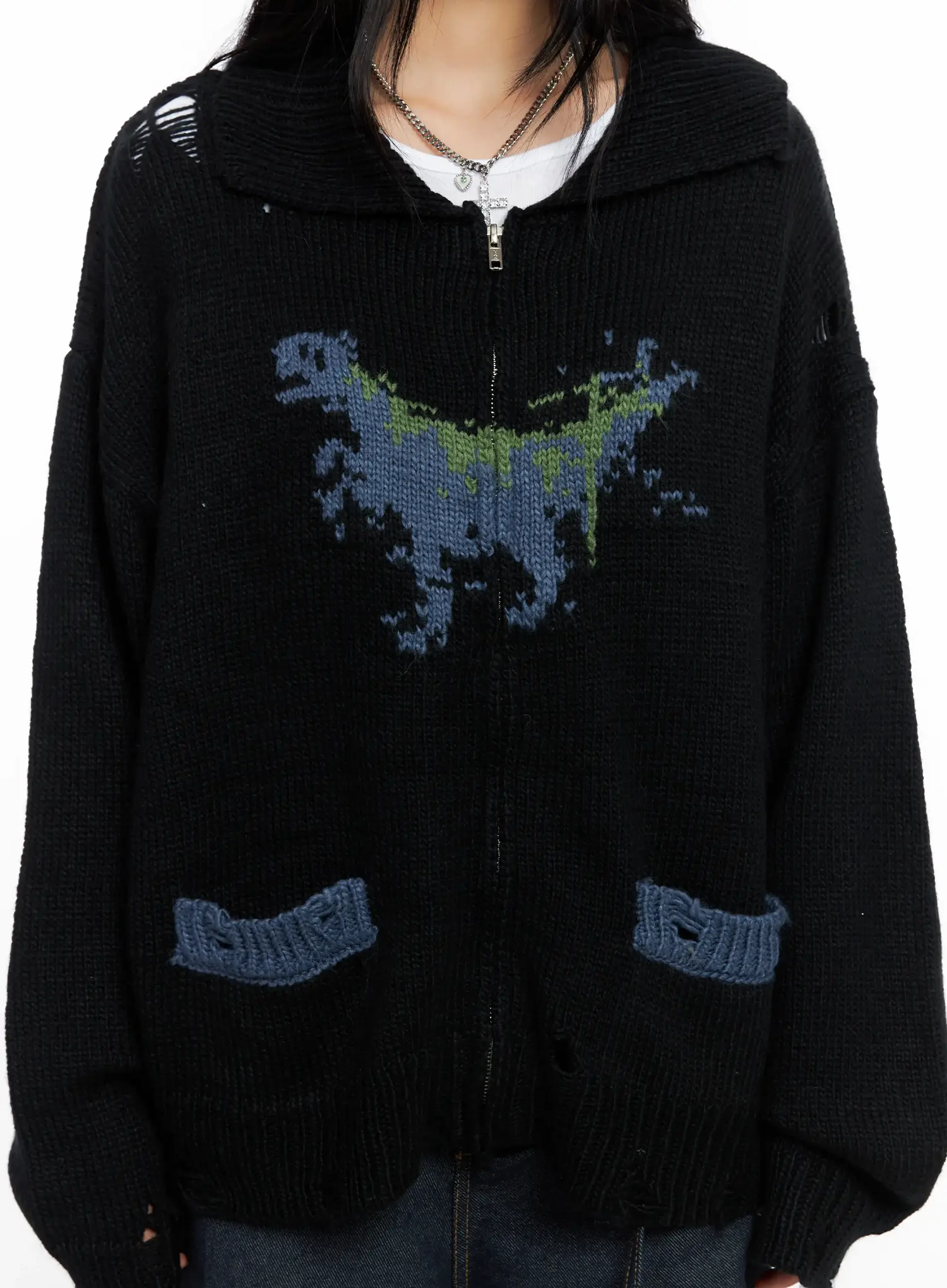 Oversized Distressed Knit Zip-Up CO528 - Image 4