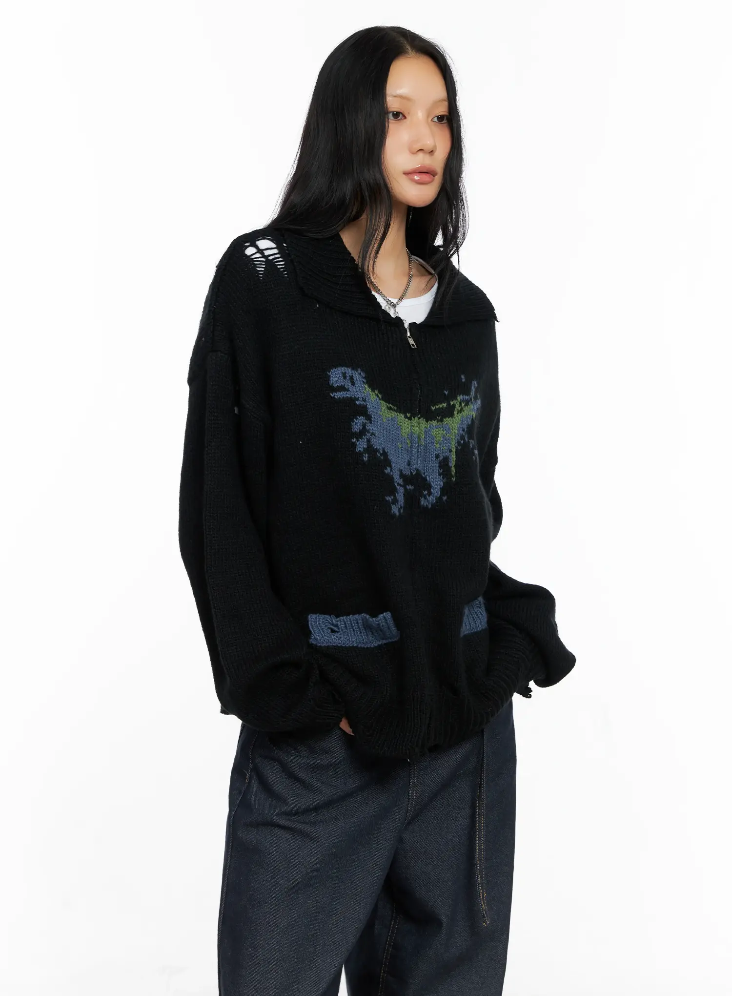 Oversized Distressed Knit Zip-Up CO528 - Image 5