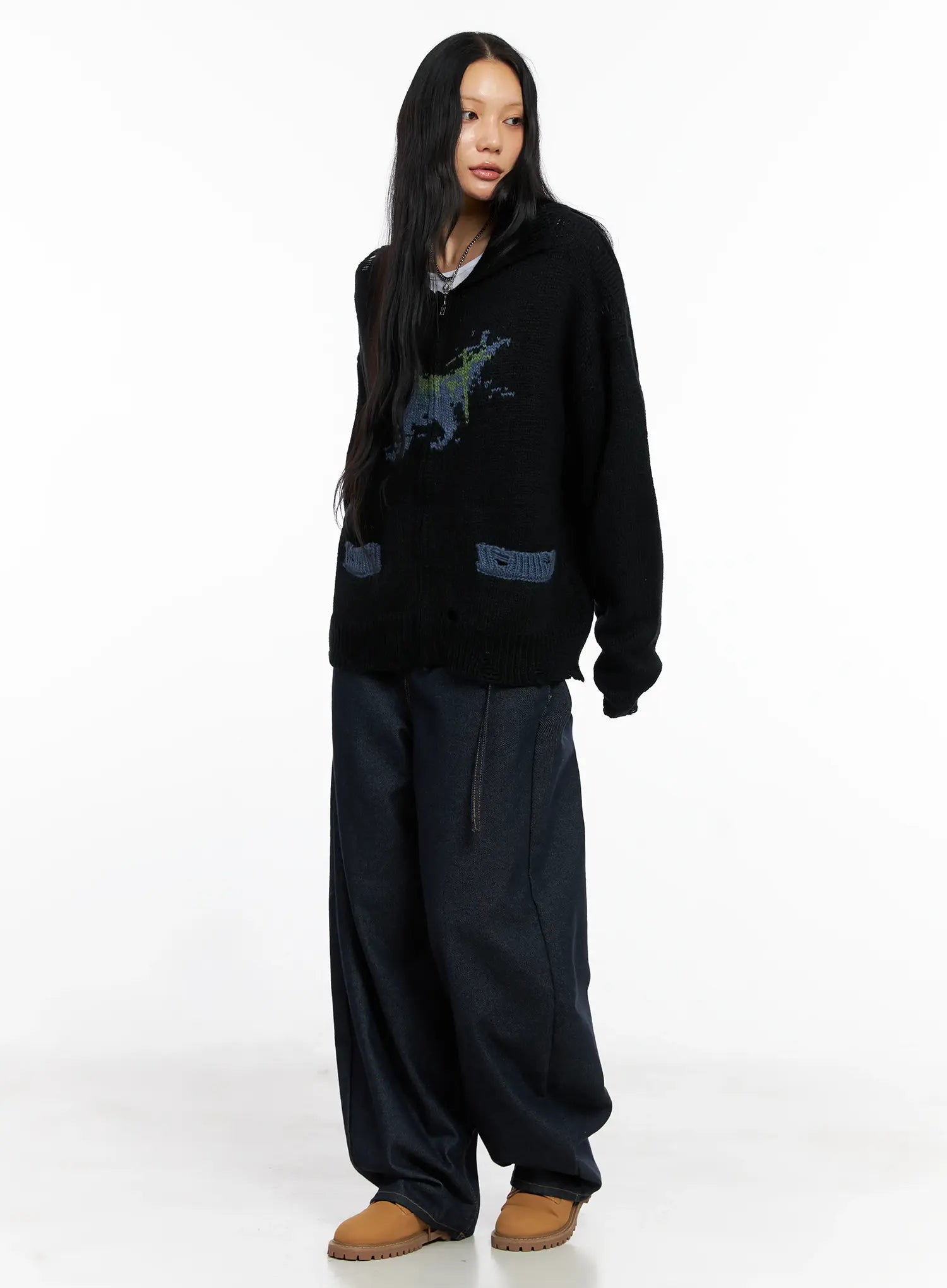 Oversized Distressed Knit Zip-Up CO528 - Image 6