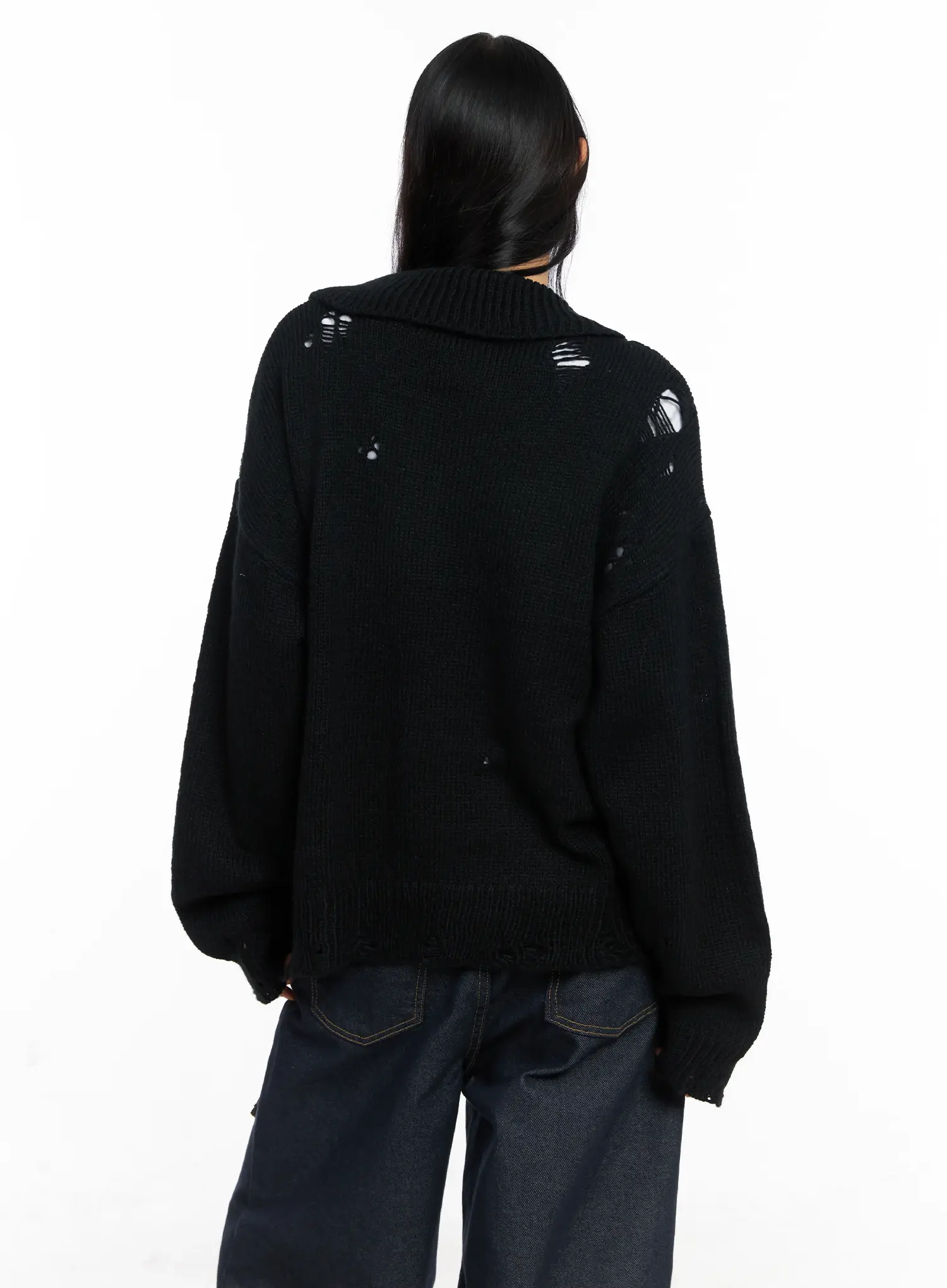Oversized Distressed Knit Zip-Up CO528 - Image 7