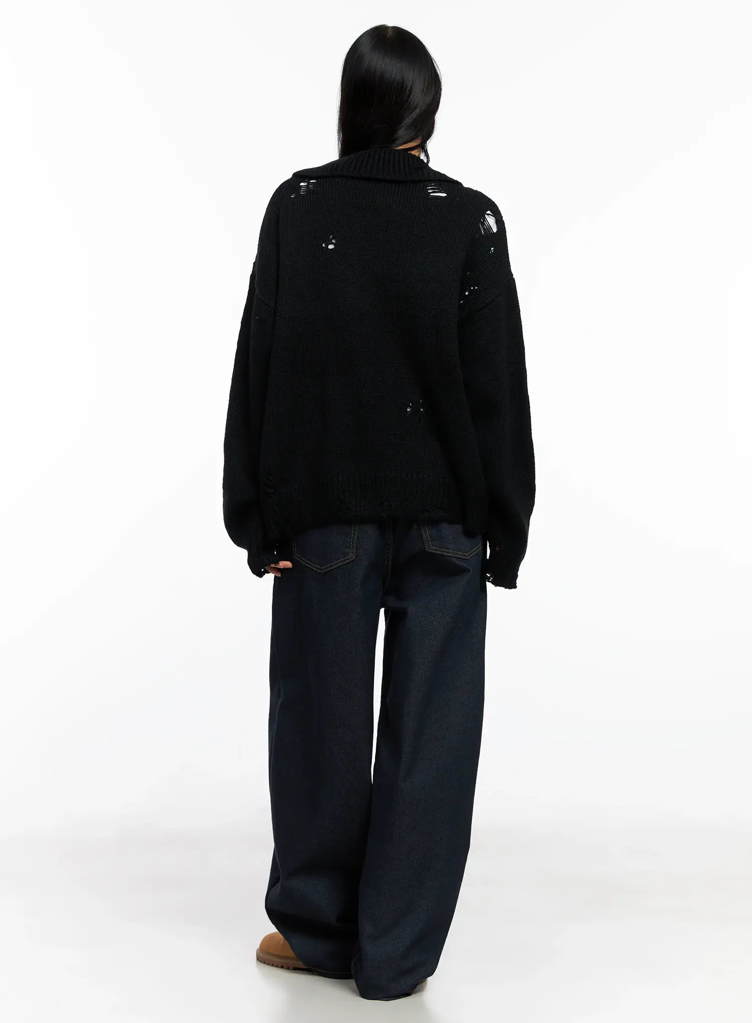 Oversized Distressed Knit Zip-Up CO528 - Image 8