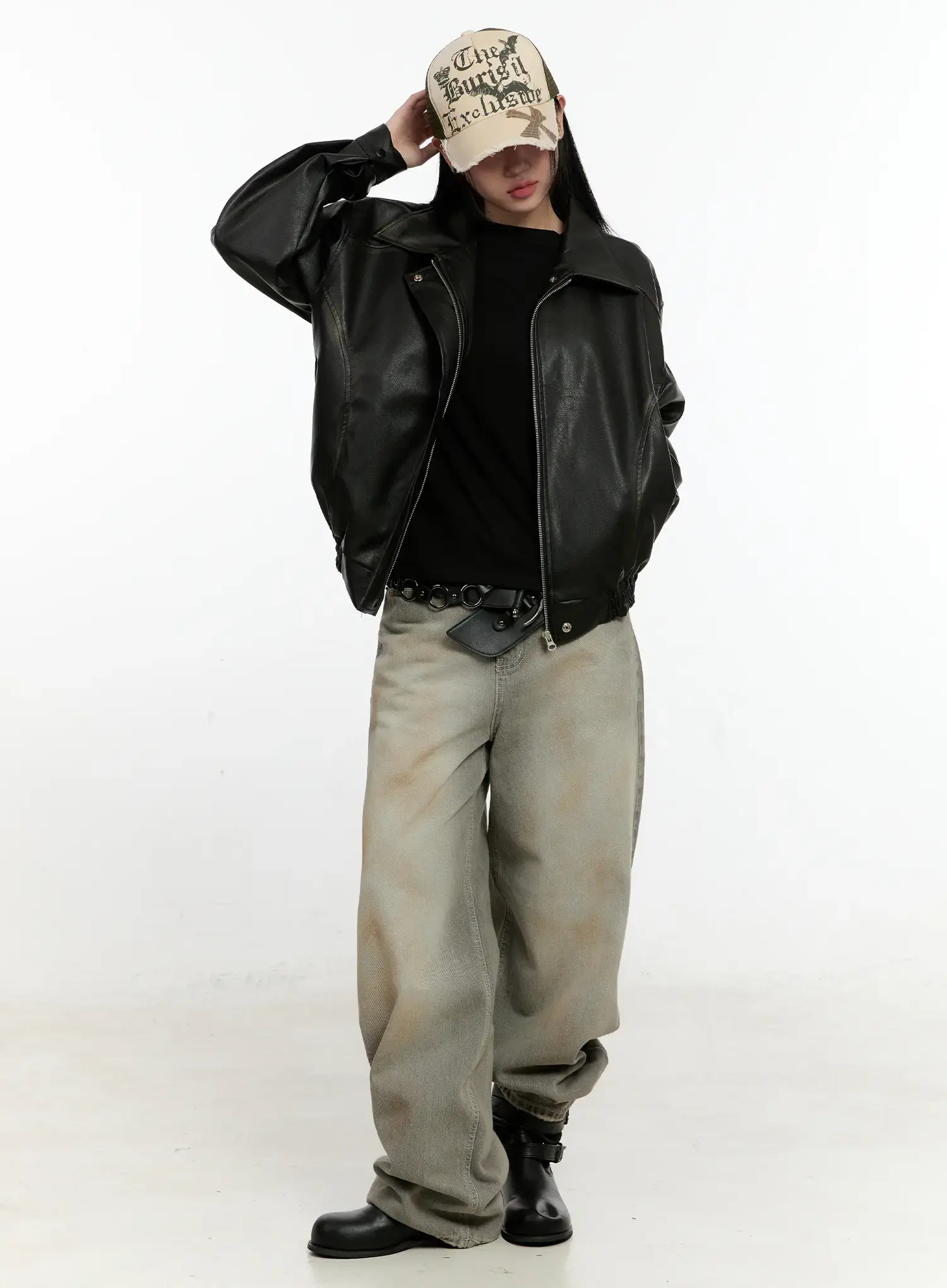 Oversized Faux Leather Collar Jacket CO419