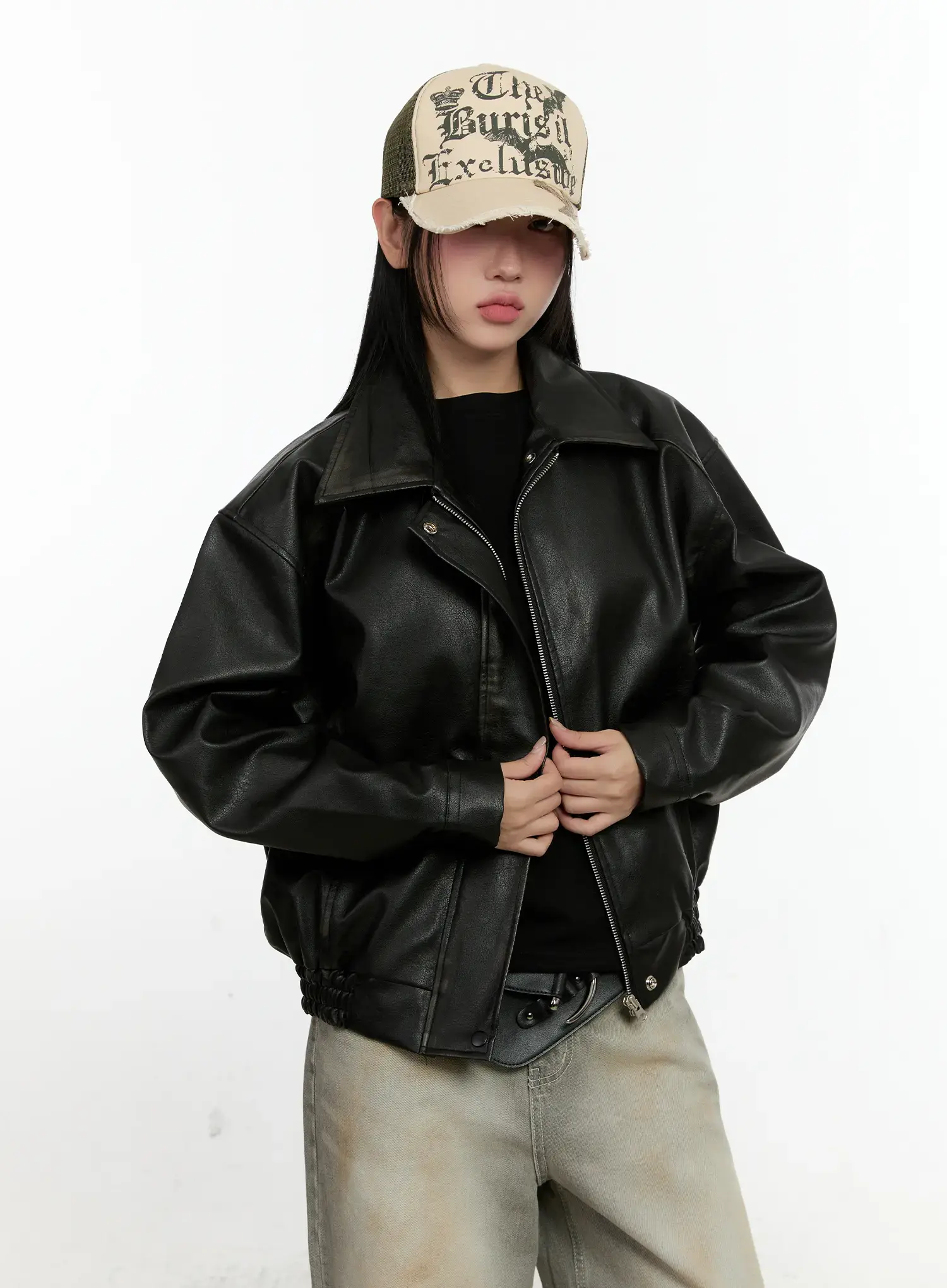 Oversized Faux Leather Collar Jacket CO419 - Image 7