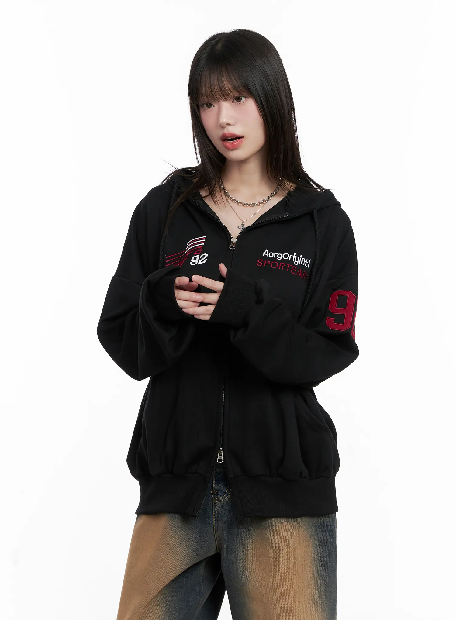 Oversized Graphic Zip-Up Hoodie CG519 - Image 12