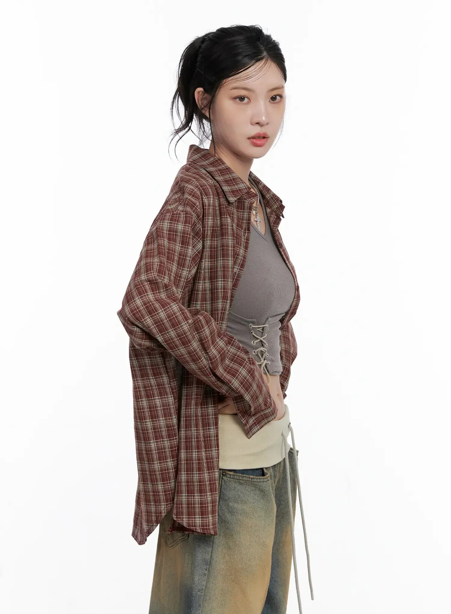 Oversized Plaid Button Up Shirt CS512 - Image 8