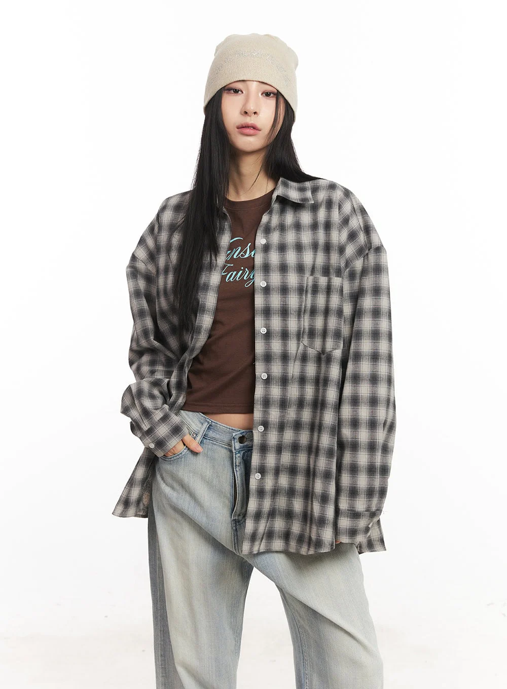 Oversized Plaid Print Button-Down Shirt CA514 - Image 11