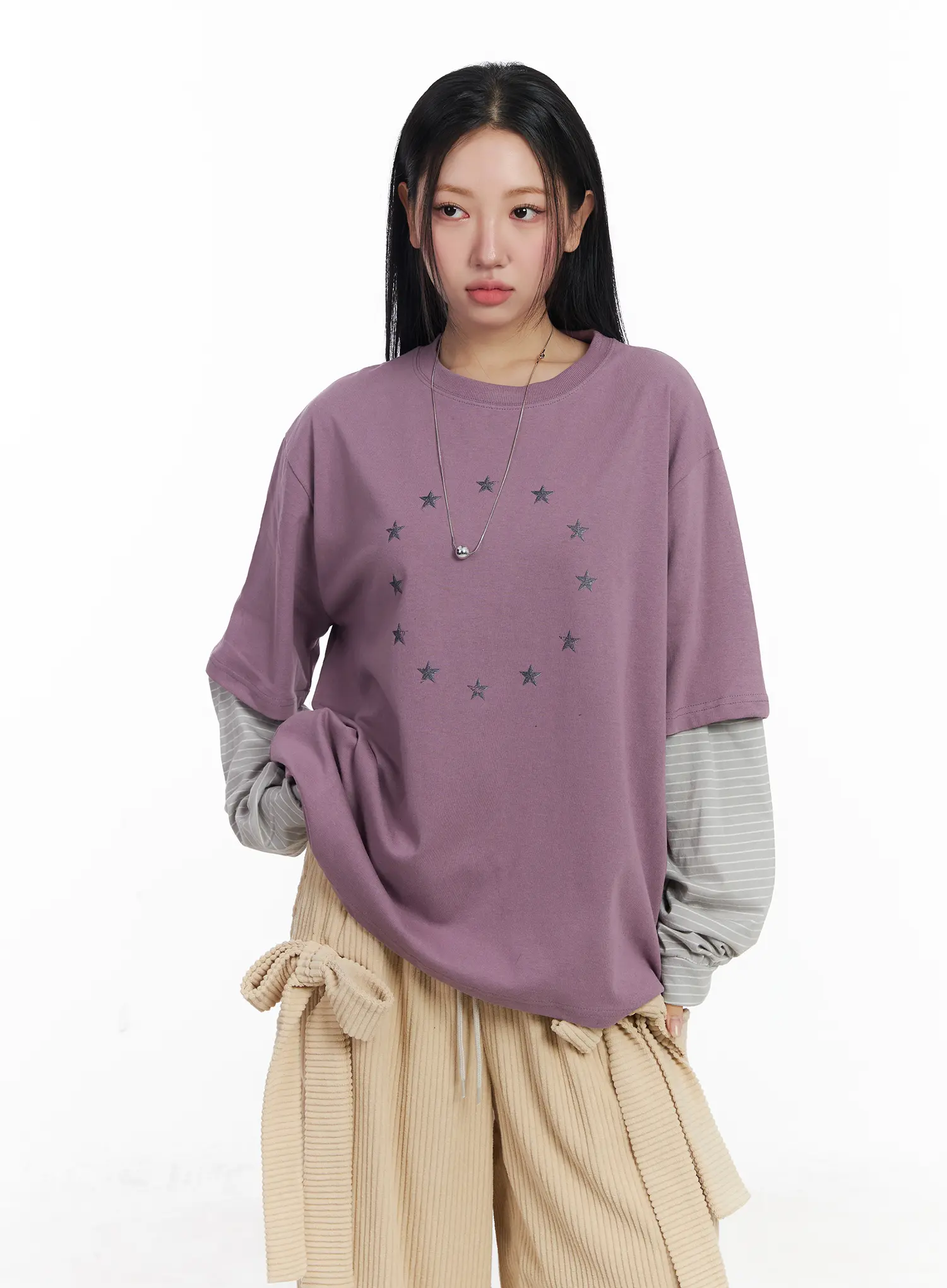 Oversized Star Print Layered Long Sleeve Tee CJ514 - Image 9