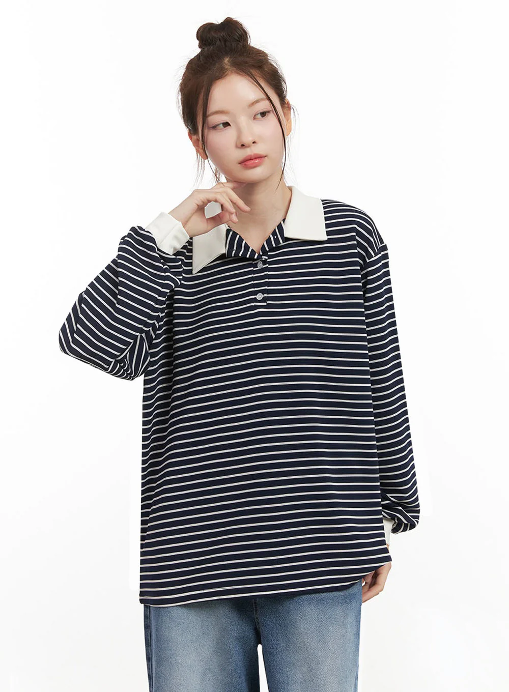 Oversized Stripe Collared Long Sleeve Top IJ527 - Image 19