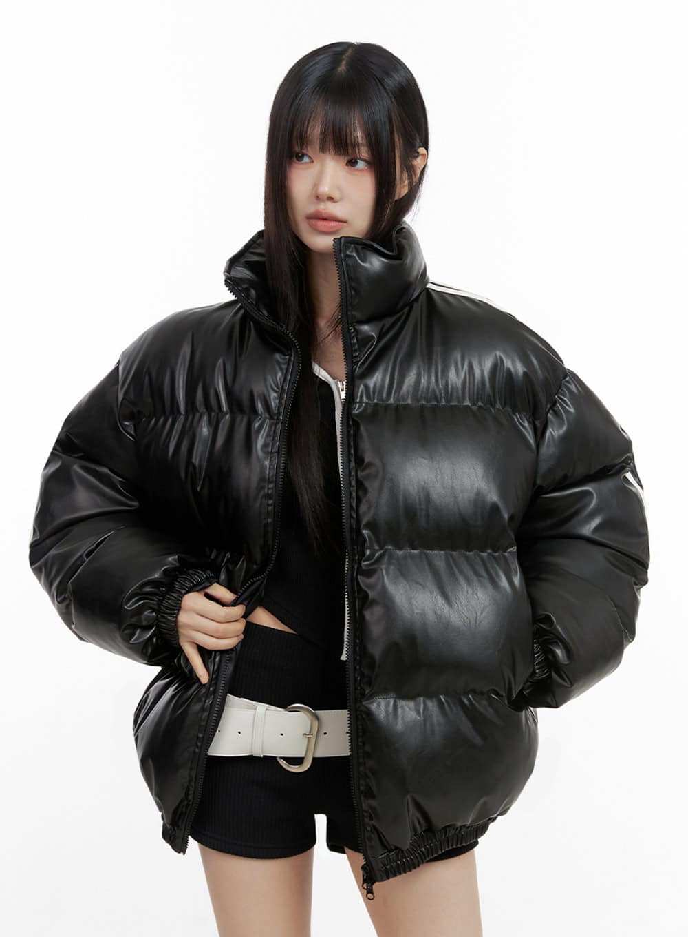 Oversized Stripe Leather Padded Coat IO430 - Image 2