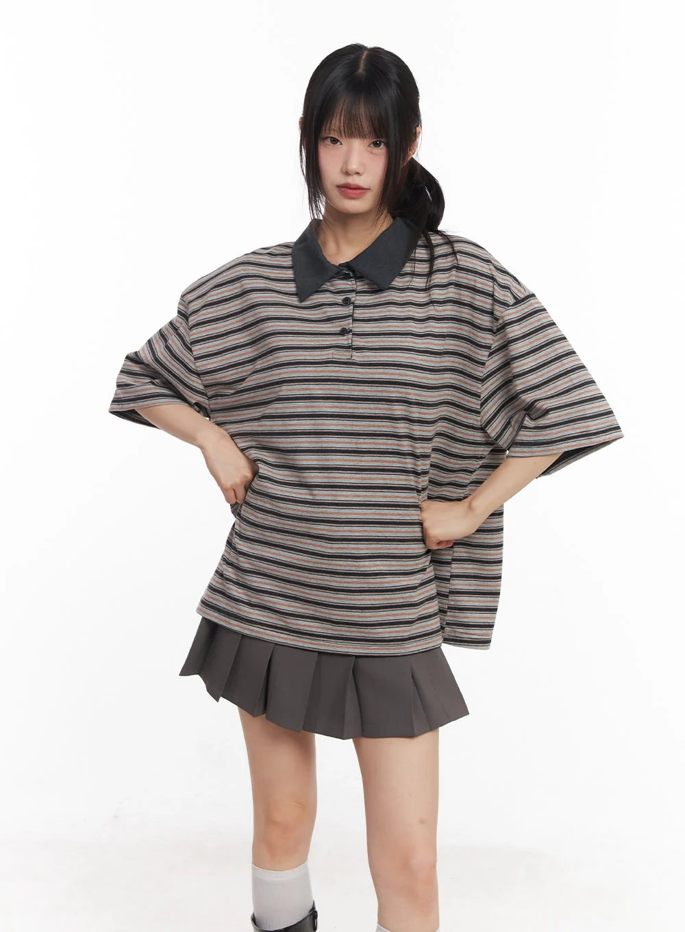 Oversized Striped Short Sleeve Polo Shirt CY514 - Image 2