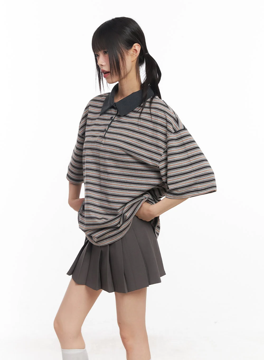 Oversized Striped Short Sleeve Polo Shirt CY514 - Image 3