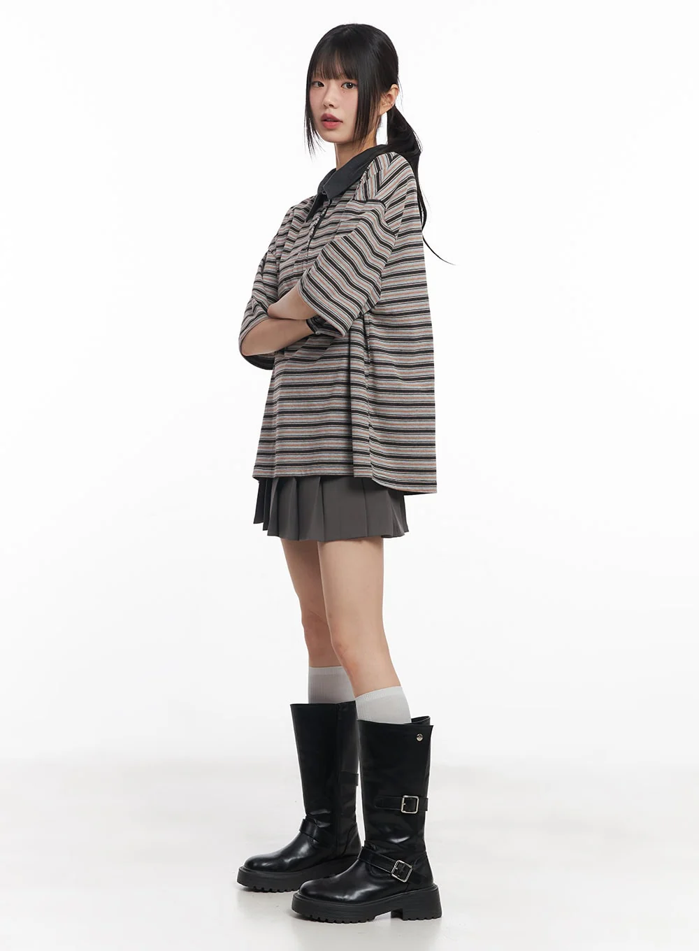 Oversized Striped Short Sleeve Polo Shirt CY514 - Image 6