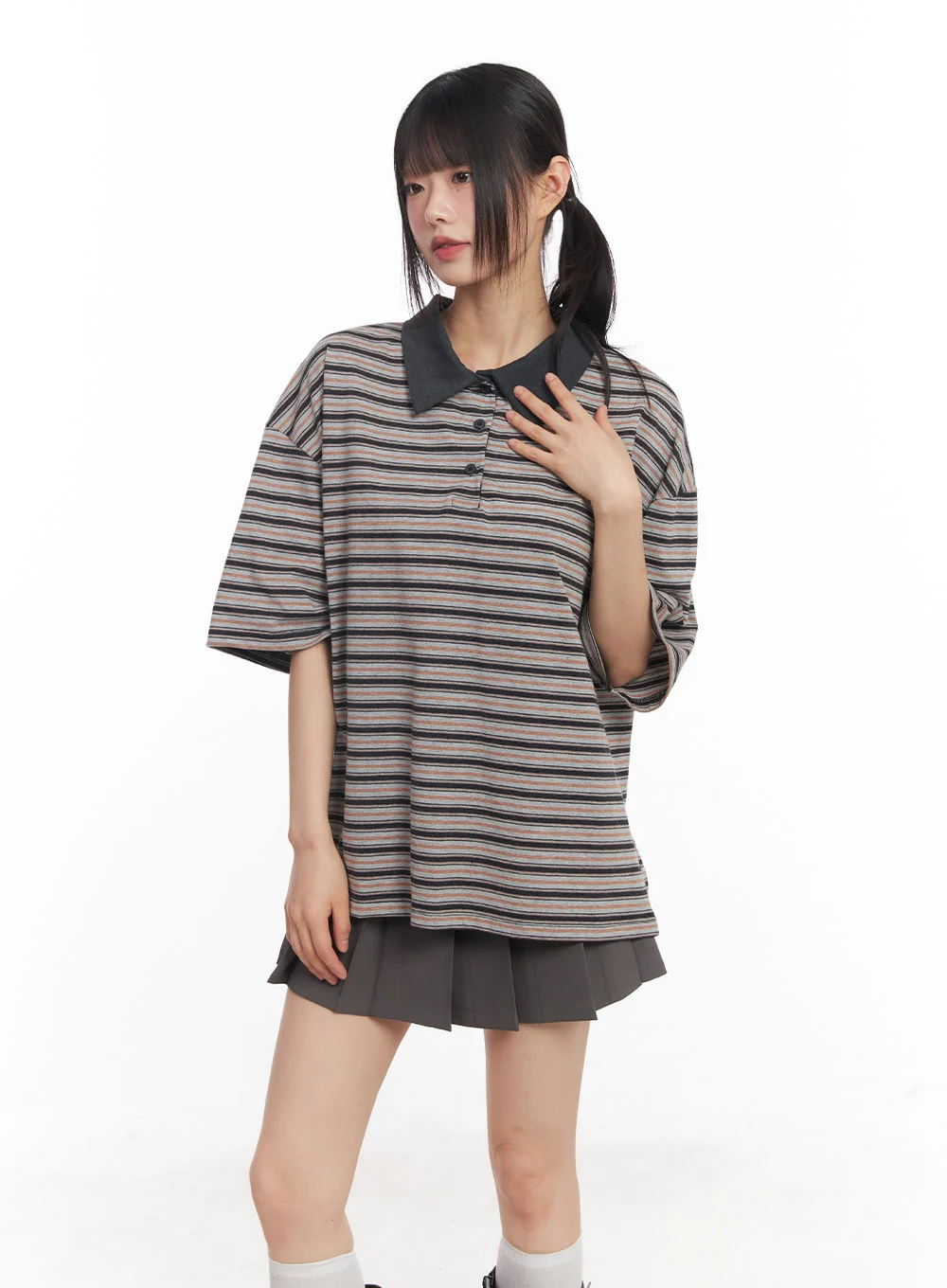 Oversized Striped Short Sleeve Polo Shirt CY514 - Image 9