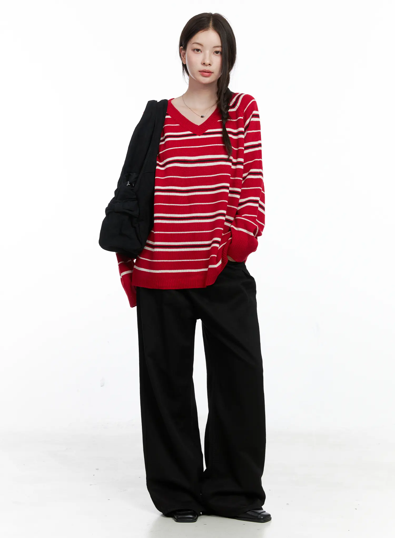 Oversized V-Neck Striped Knit Sweater CO503